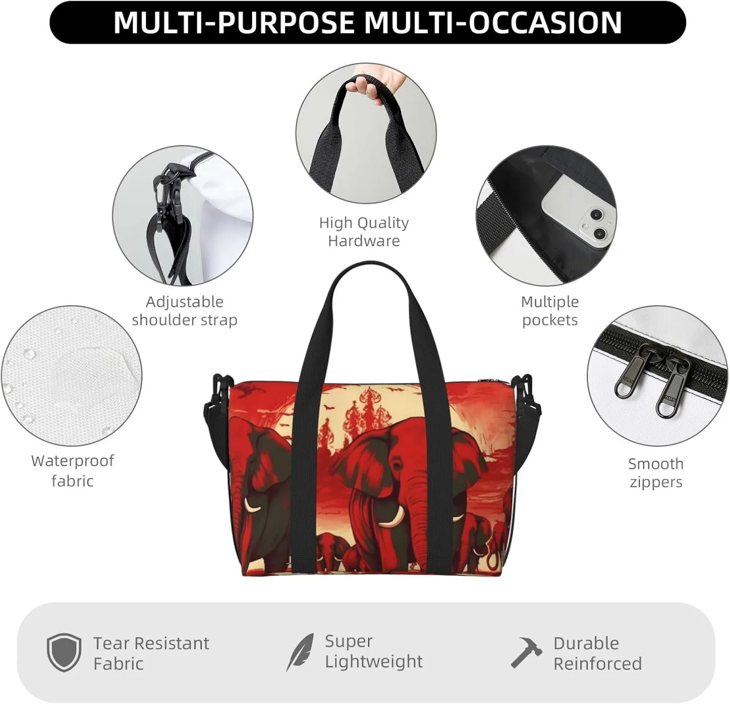 Sports Gym Bag for Women Men Travel Duffel Bag Tote Elephants Red Weekender Bag Canvas Carry on Overnight Bag for Travel Swimming Fitness Workout Sports Duffle Bag