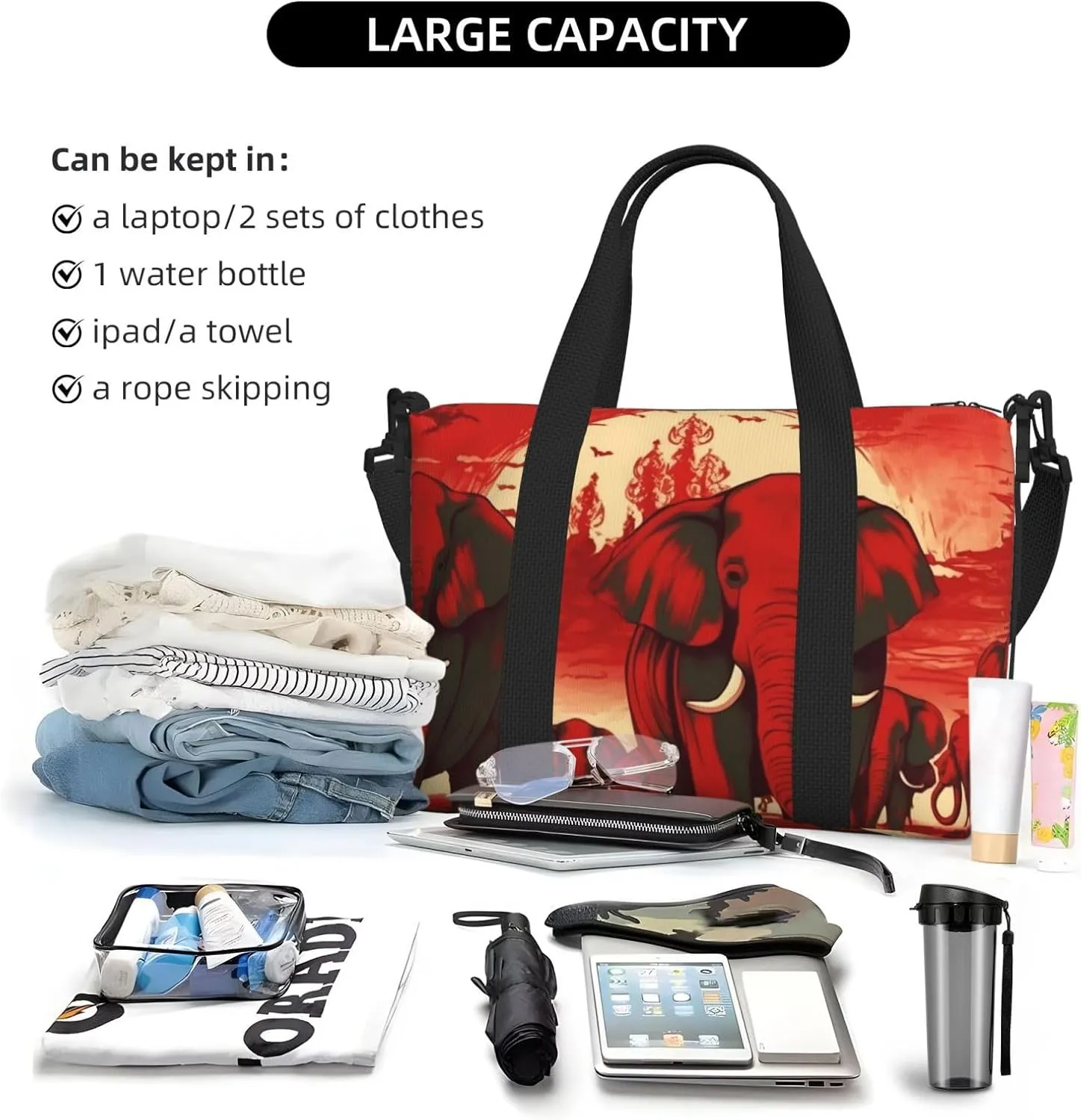 Sports Gym Bag for Women Men Travel Duffel Bag Tote Elephants Red Weekender Bag Canvas Carry on Overnight Bag for Travel Swimming Fitness Workout Sports Duffle Bag