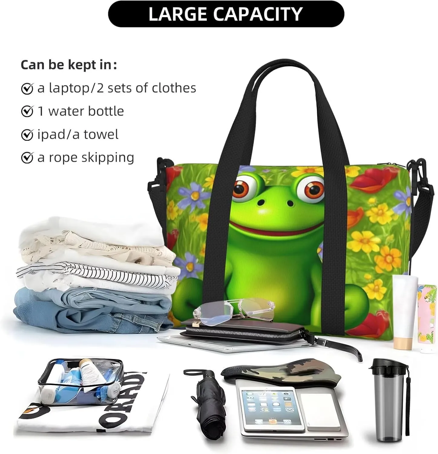 Sports Gym Bag for Women Men Travel Duffel Bag Tote frog Weekender Bag Canvas Carry on Overnight Bag for Travel Swimming Fitness Workout Sports Duffle Bag