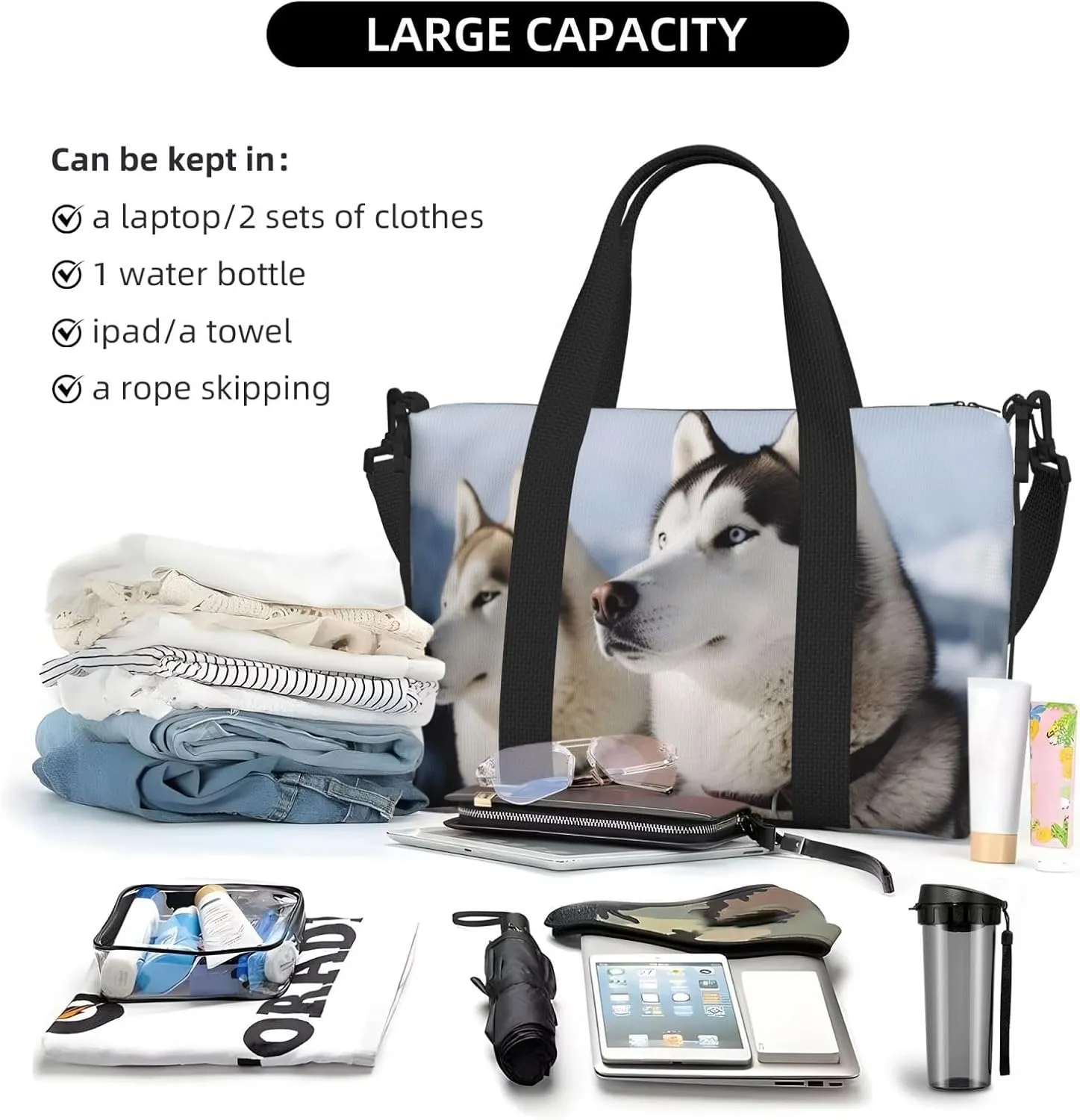 Sports Gym Bag for Women Men Travel Duffel Bag Tote Husky Dogs Weekender Bag Canvas Carry on Overnight Bag for Travel Swimming Fitness Workout Sports Duffle Bag