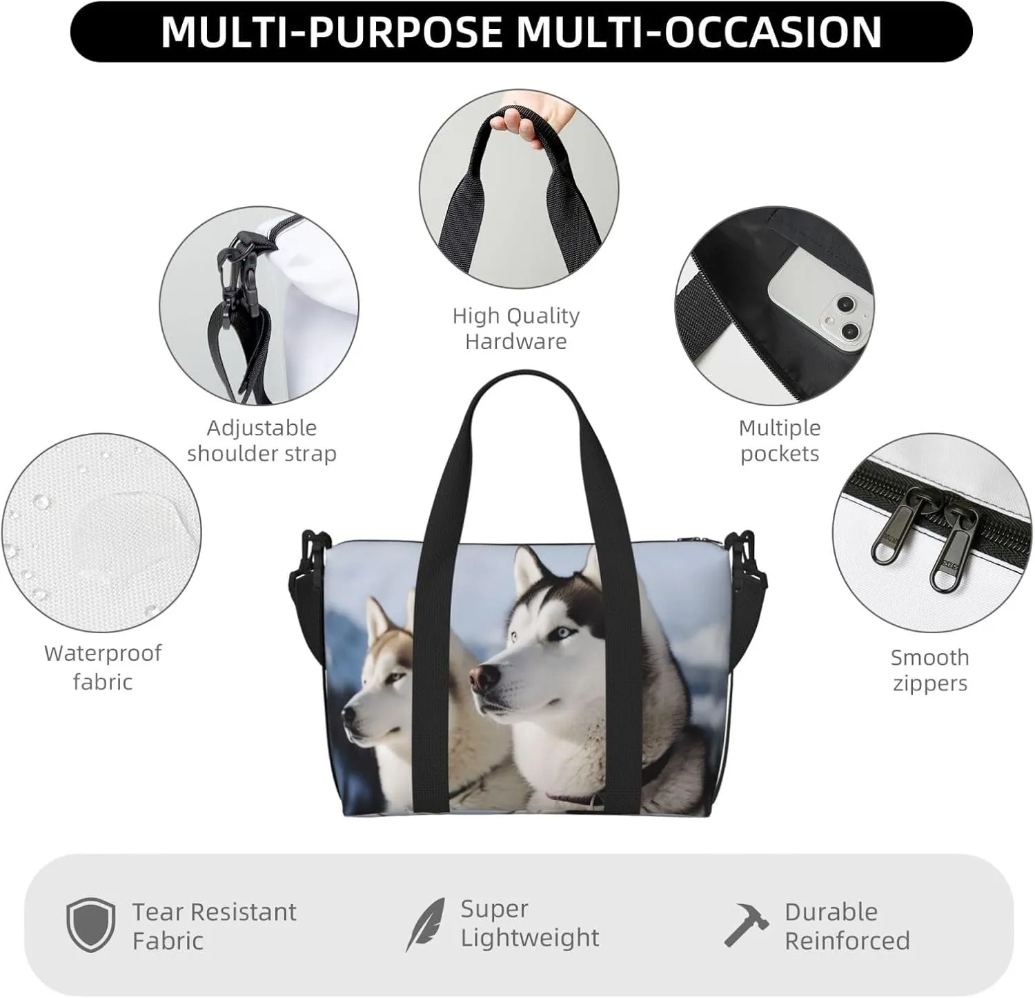 Sports Gym Bag for Women Men Travel Duffel Bag Tote Husky Dogs Weekender Bag Canvas Carry on Overnight Bag for Travel Swimming Fitness Workout Sports Duffle Bag