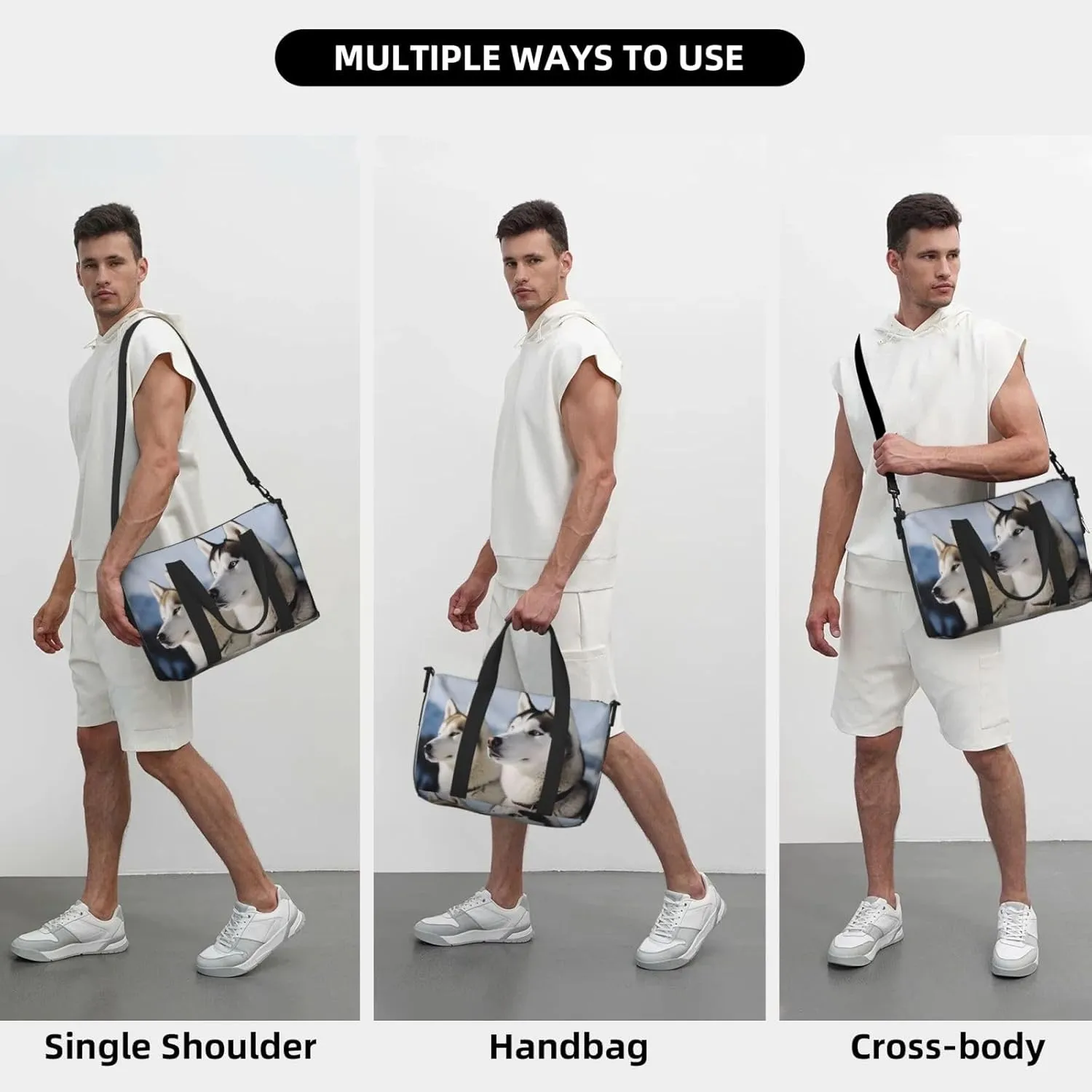 Sports Gym Bag for Women Men Travel Duffel Bag Tote Husky Dogs Weekender Bag Canvas Carry on Overnight Bag for Travel Swimming Fitness Workout Sports Duffle Bag