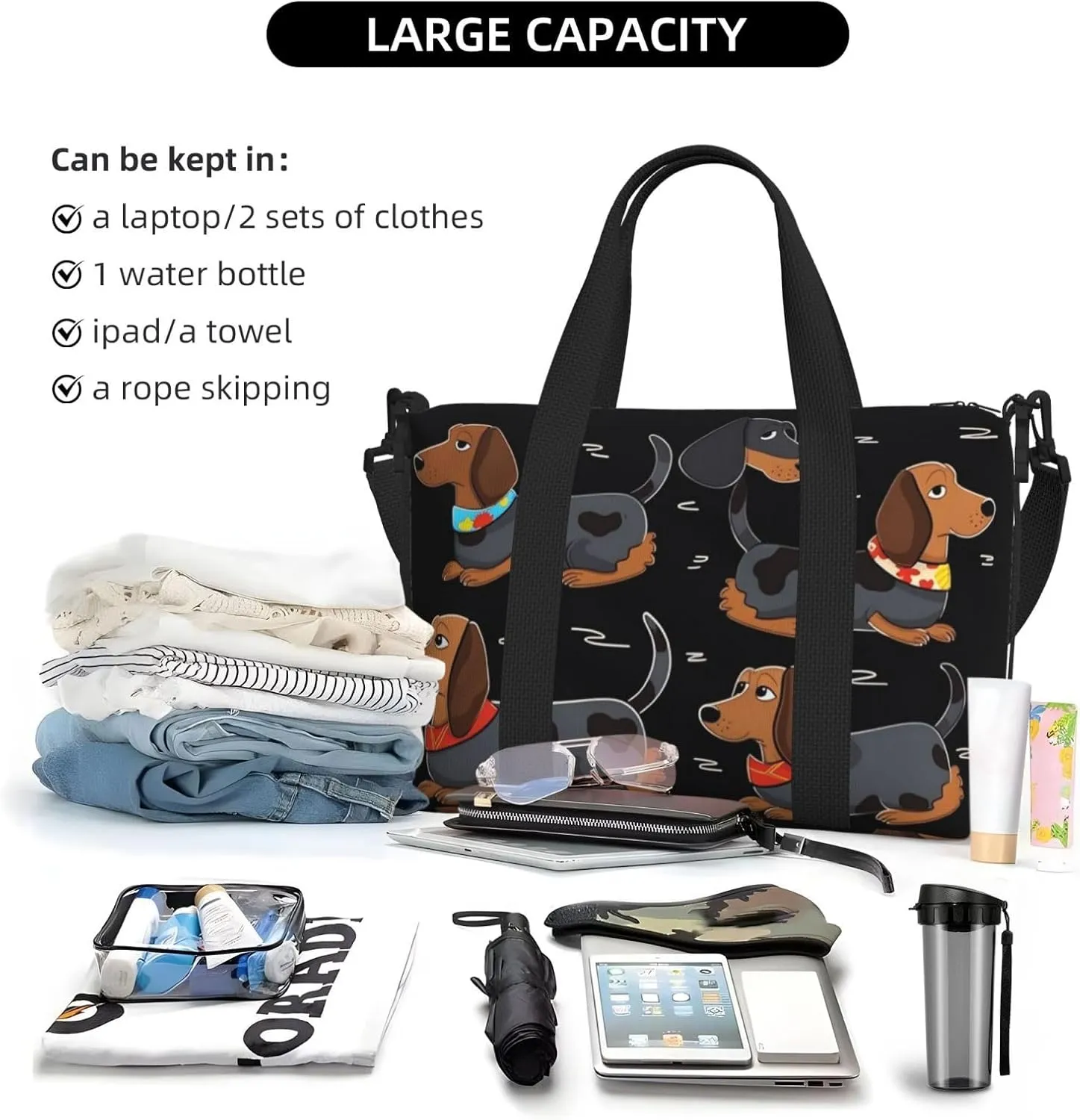 Sports Gym Bag for Women Men Travel Duffel Bag Tote I Love My Dog Dachshunds Weekender Bag Canvas Carry on Overnight Bag for Travel Swimming Fitness Workout Sports Duffle Bag
