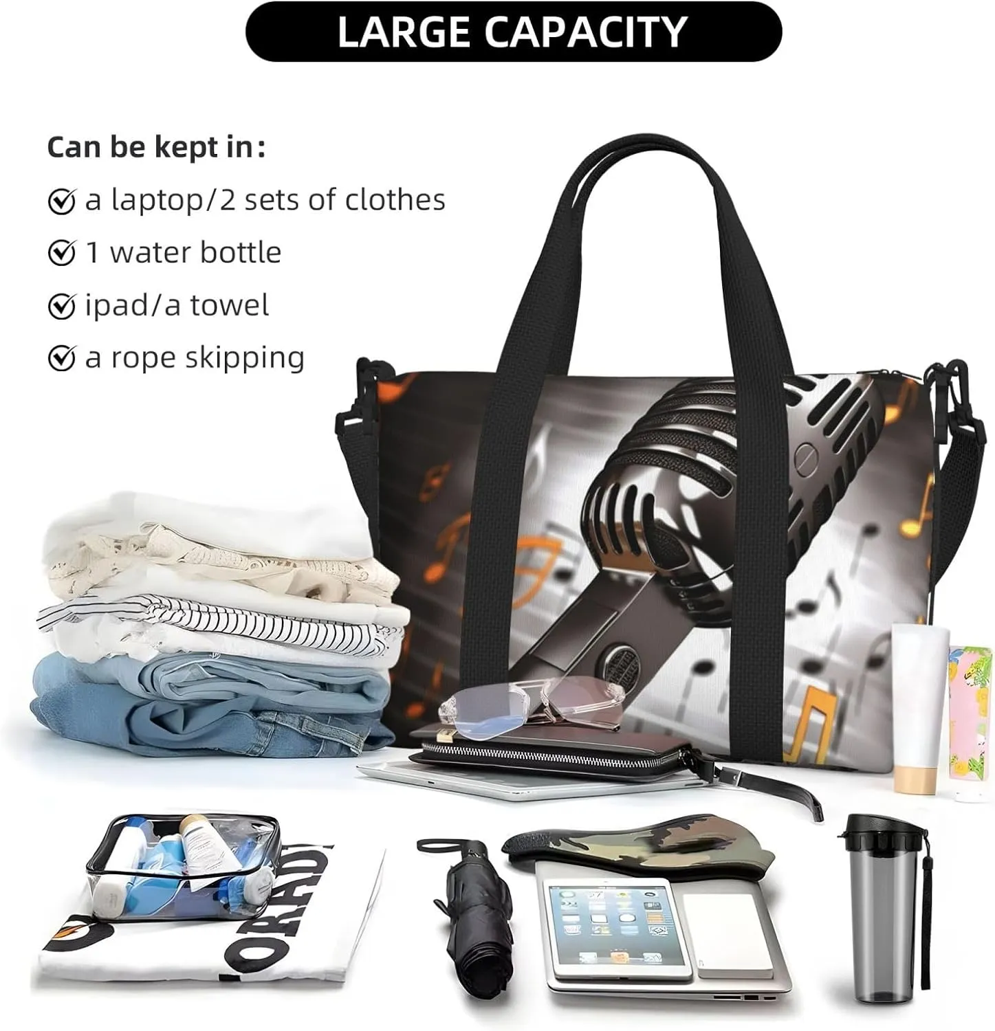 Sports Gym Bag for Women Men Travel Duffel Bag Tote Microphone with Music Notes Weekender Bag Canvas Carry on Overnight Bag for Travel Swimming Fitness Workout Sports Duffle Bag