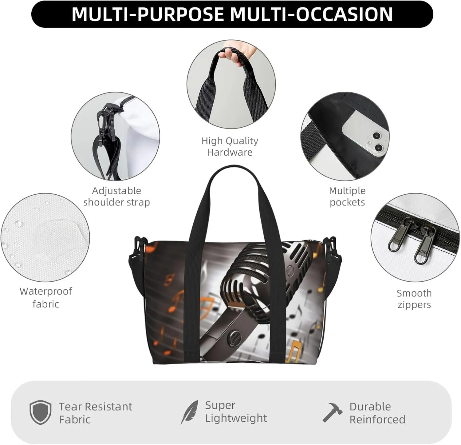 Sports Gym Bag for Women Men Travel Duffel Bag Tote Microphone with Music Notes Weekender Bag Canvas Carry on Overnight Bag for Travel Swimming Fitness Workout Sports Duffle Bag
