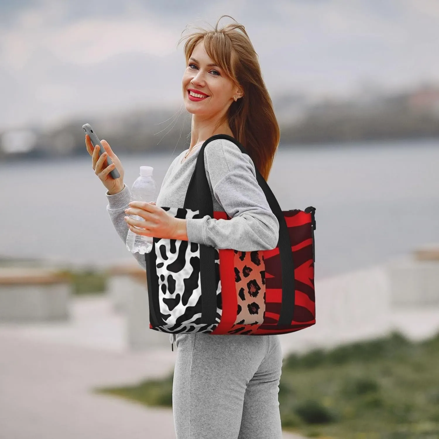 Sports Gym Bag for Women Men Travel Duffel Bag Tote Red Leopard and Zebra Animal Weekender Bag Canvas Carry on Overnight Bag for Travel Swimming Fitness Workout Sports Duffle Bag