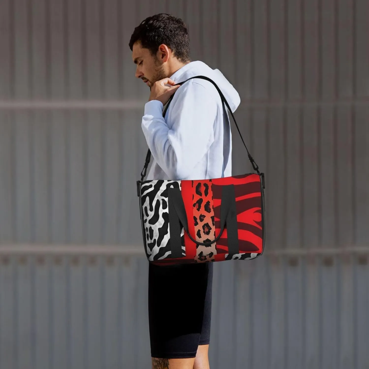 Sports Gym Bag for Women Men Travel Duffel Bag Tote Red Leopard and Zebra Animal Weekender Bag Canvas Carry on Overnight Bag for Travel Swimming Fitness Workout Sports Duffle Bag
