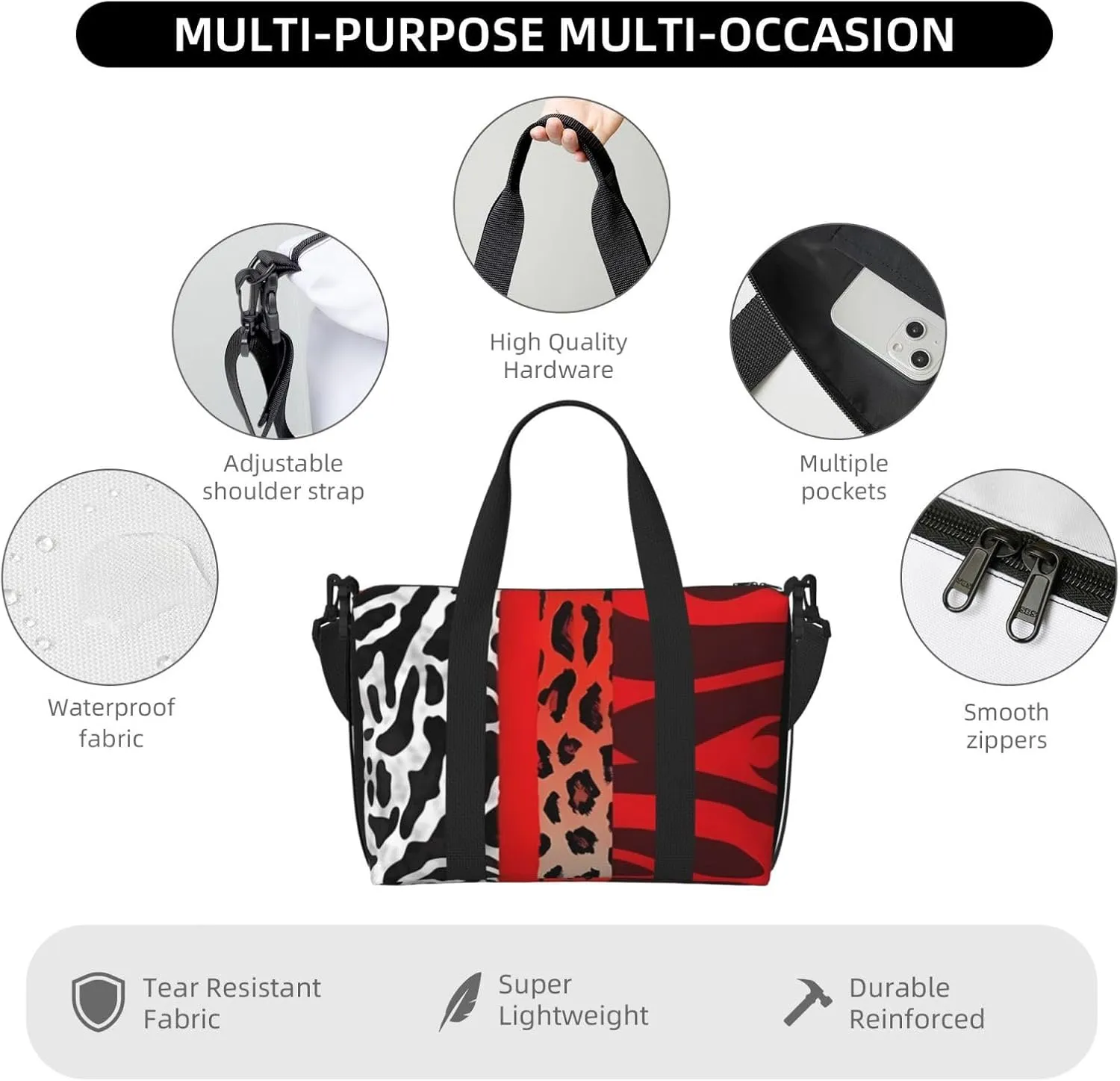 Sports Gym Bag for Women Men Travel Duffel Bag Tote Red Leopard and Zebra Animal Weekender Bag Canvas Carry on Overnight Bag for Travel Swimming Fitness Workout Sports Duffle Bag