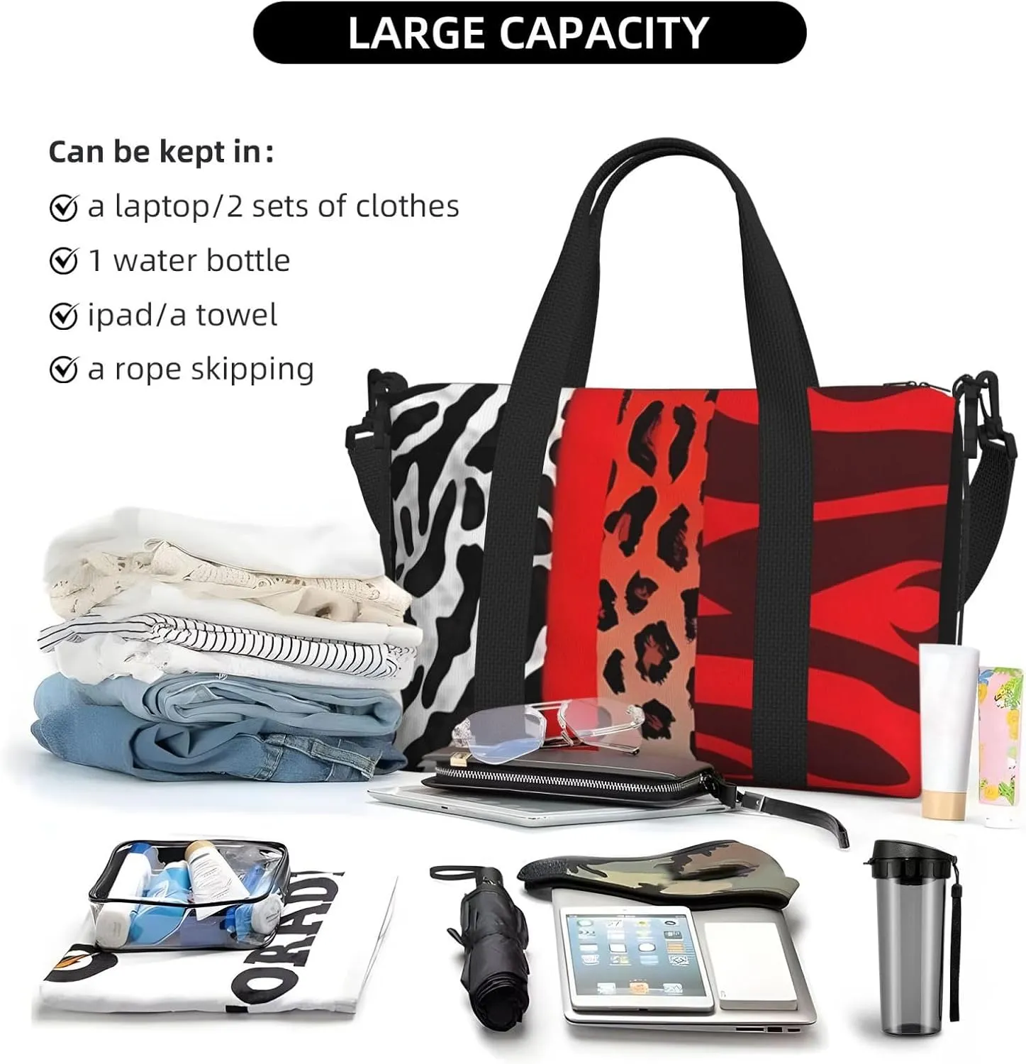 Sports Gym Bag for Women Men Travel Duffel Bag Tote Red Leopard and Zebra Animal Weekender Bag Canvas Carry on Overnight Bag for Travel Swimming Fitness Workout Sports Duffle Bag