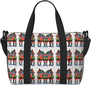 Sports Gym Bag for Women Men Travel Duffel Bag Tote Runner Swedish Dala Horse Folk Weekender Bag Canvas Carry on Overnight Bag for Travel Swimming Fitness Workout Sports Duffle Bag