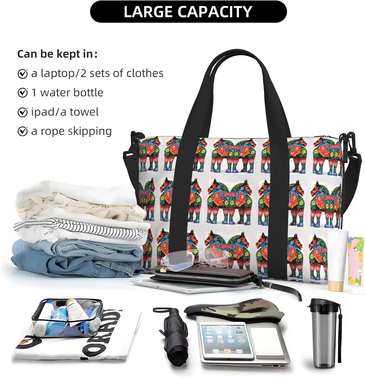Sports Gym Bag for Women Men Travel Duffel Bag Tote Runner Swedish Dala Horse Folk Weekender Bag Canvas Carry on Overnight Bag for Travel Swimming Fitness Workout Sports Duffle Bag