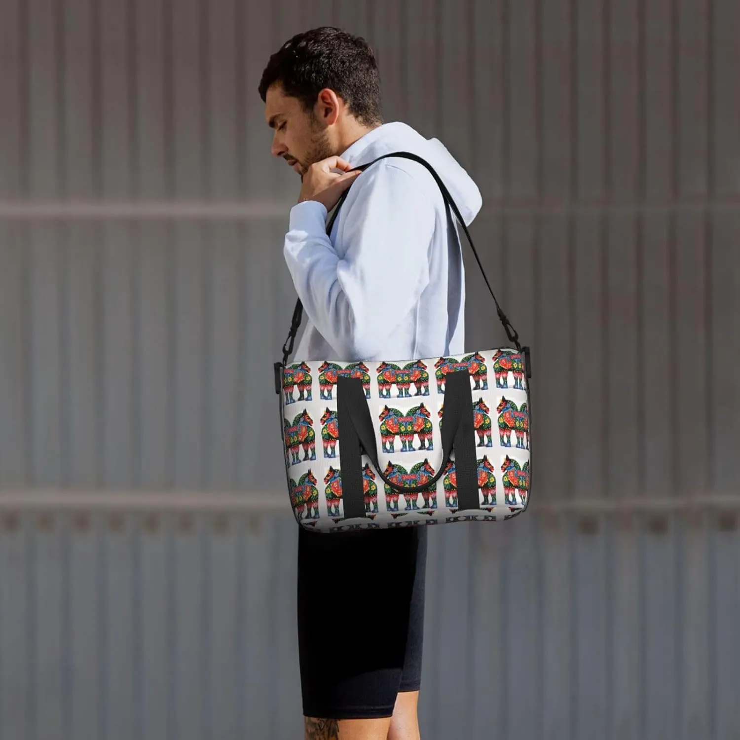 Sports Gym Bag for Women Men Travel Duffel Bag Tote Runner Swedish Dala Horse Folk Weekender Bag Canvas Carry on Overnight Bag for Travel Swimming Fitness Workout Sports Duffle Bag