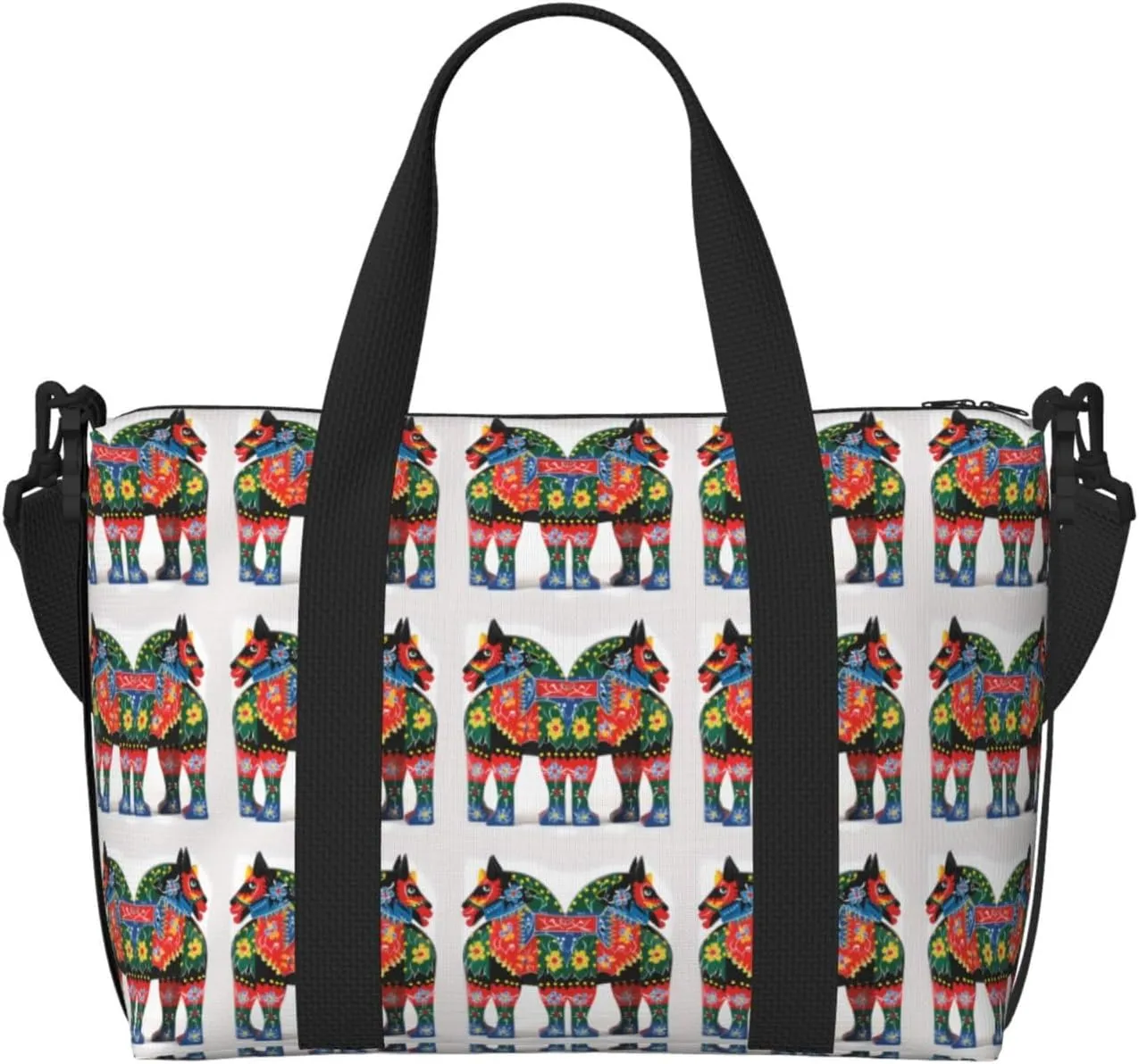 Sports Gym Bag for Women Men Travel Duffel Bag Tote Runner Swedish Dala Horse Folk Weekender Bag Canvas Carry on Overnight Bag for Travel Swimming Fitness Workout Sports Duffle Bag