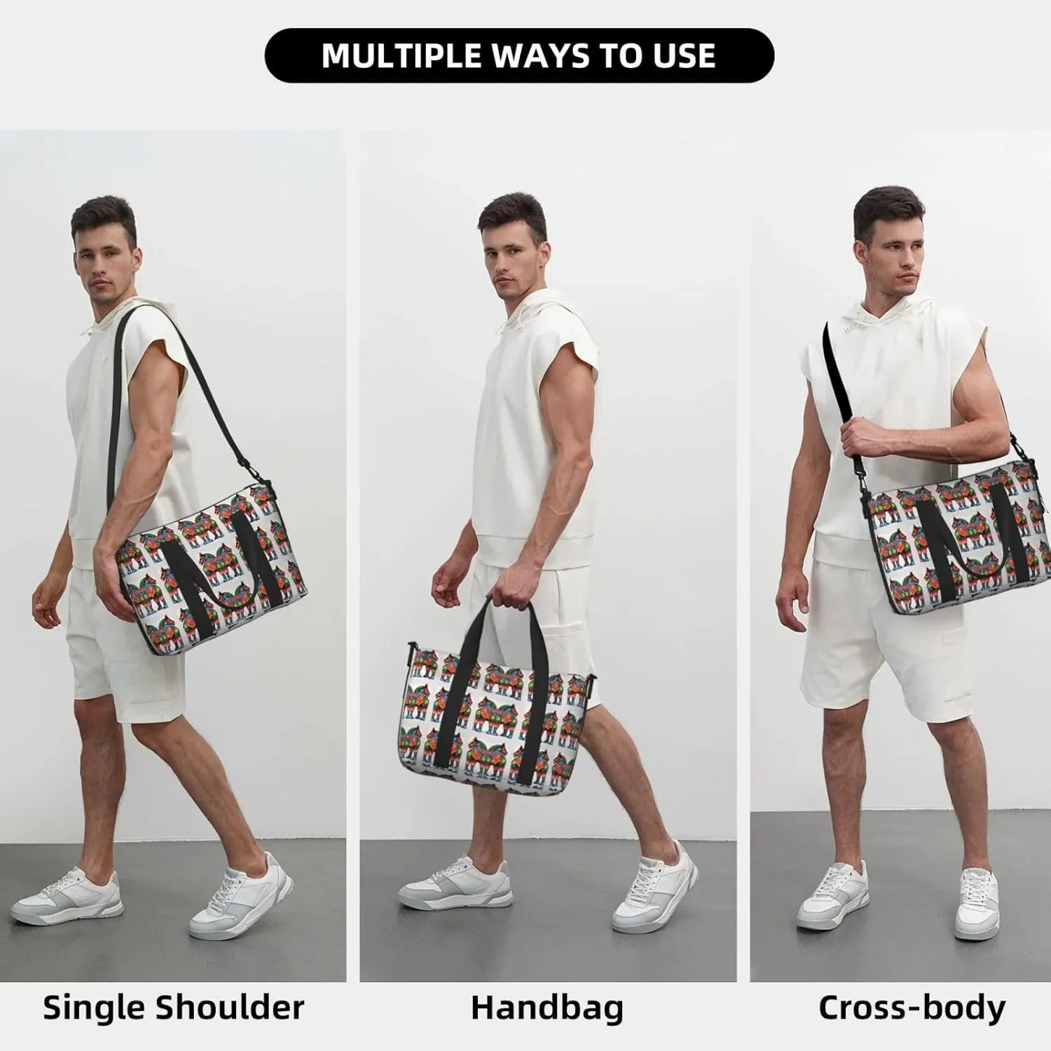 Sports Gym Bag for Women Men Travel Duffel Bag Tote Runner Swedish Dala Horse Folk Weekender Bag Canvas Carry on Overnight Bag for Travel Swimming Fitness Workout Sports Duffle Bag