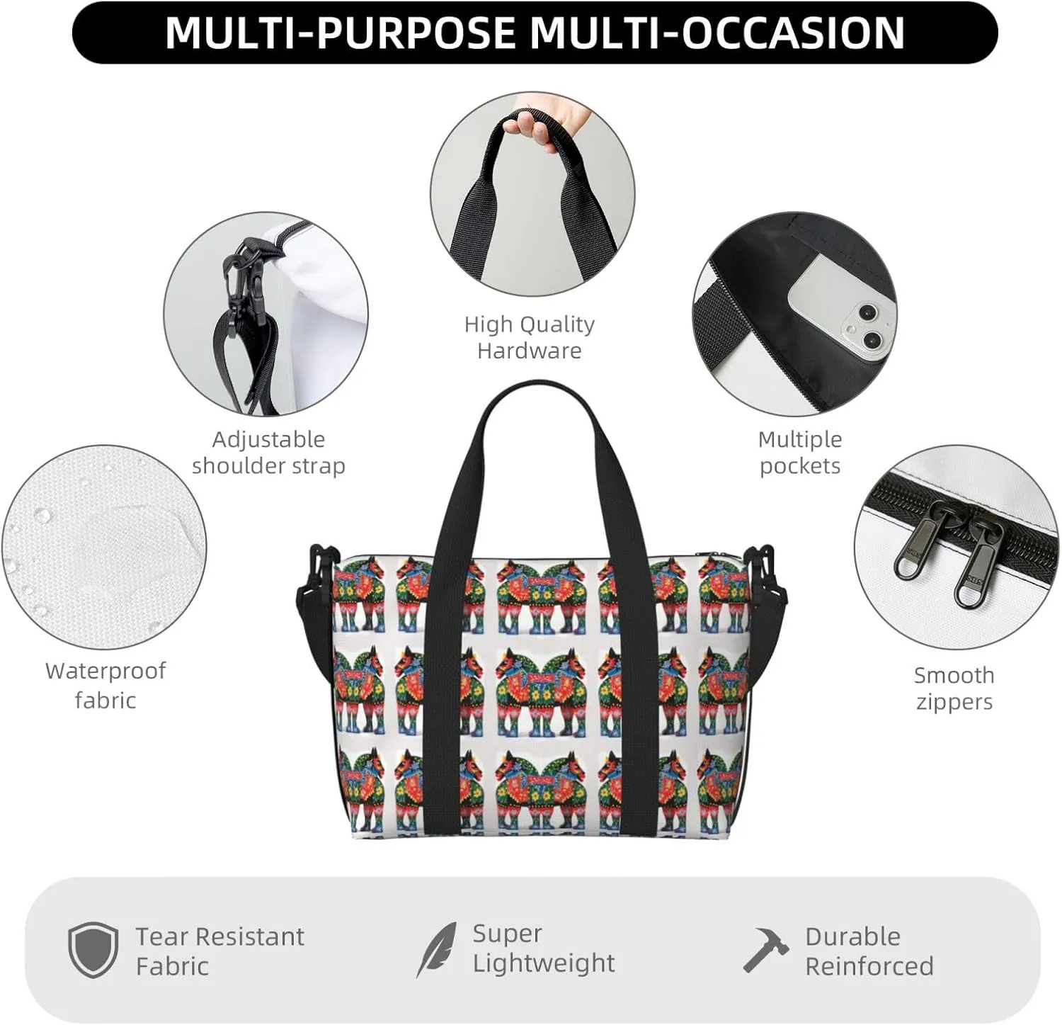 Sports Gym Bag for Women Men Travel Duffel Bag Tote Runner Swedish Dala Horse Folk Weekender Bag Canvas Carry on Overnight Bag for Travel Swimming Fitness Workout Sports Duffle Bag