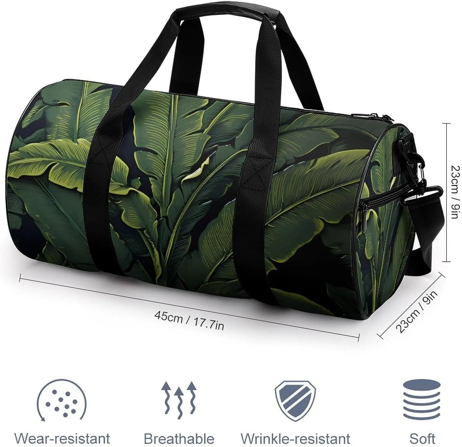 Sports Gym Bag for Women Men Travel Duffel Bag Tote Weekender Bag Banana Leaf Black Carry on Overnight Bag for Travel Swimming Fitness Workout Sports Duffle Bag
