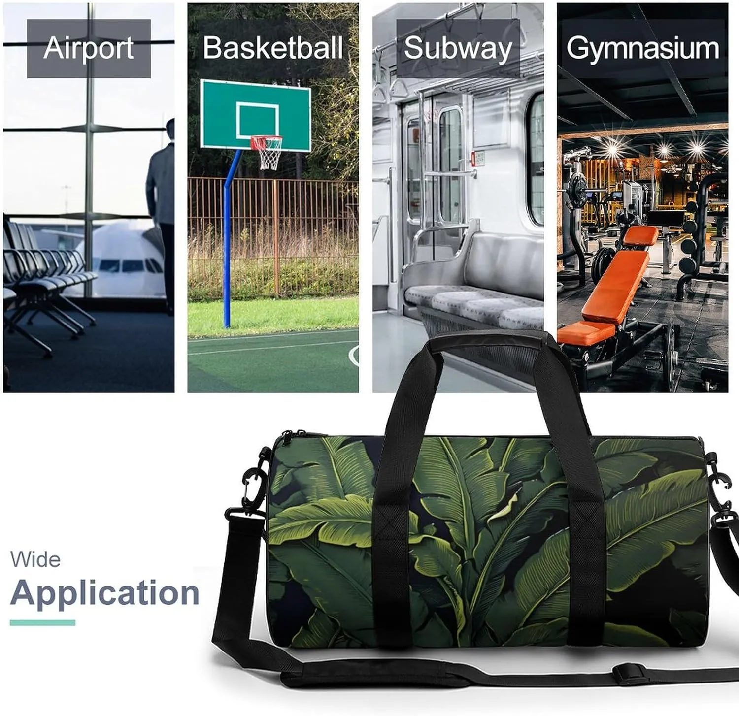 Sports Gym Bag for Women Men Travel Duffel Bag Tote Weekender Bag Banana Leaf Black Carry on Overnight Bag for Travel Swimming Fitness Workout Sports Duffle Bag
