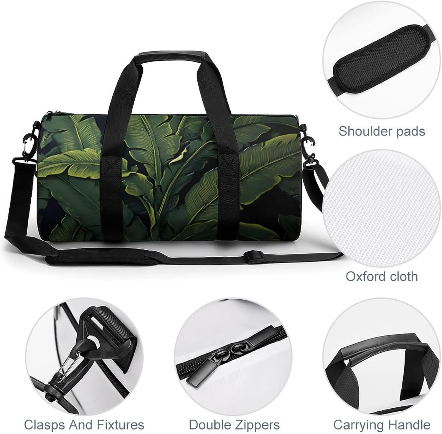 Sports Gym Bag for Women Men Travel Duffel Bag Tote Weekender Bag Banana Leaf Black Carry on Overnight Bag for Travel Swimming Fitness Workout Sports Duffle Bag