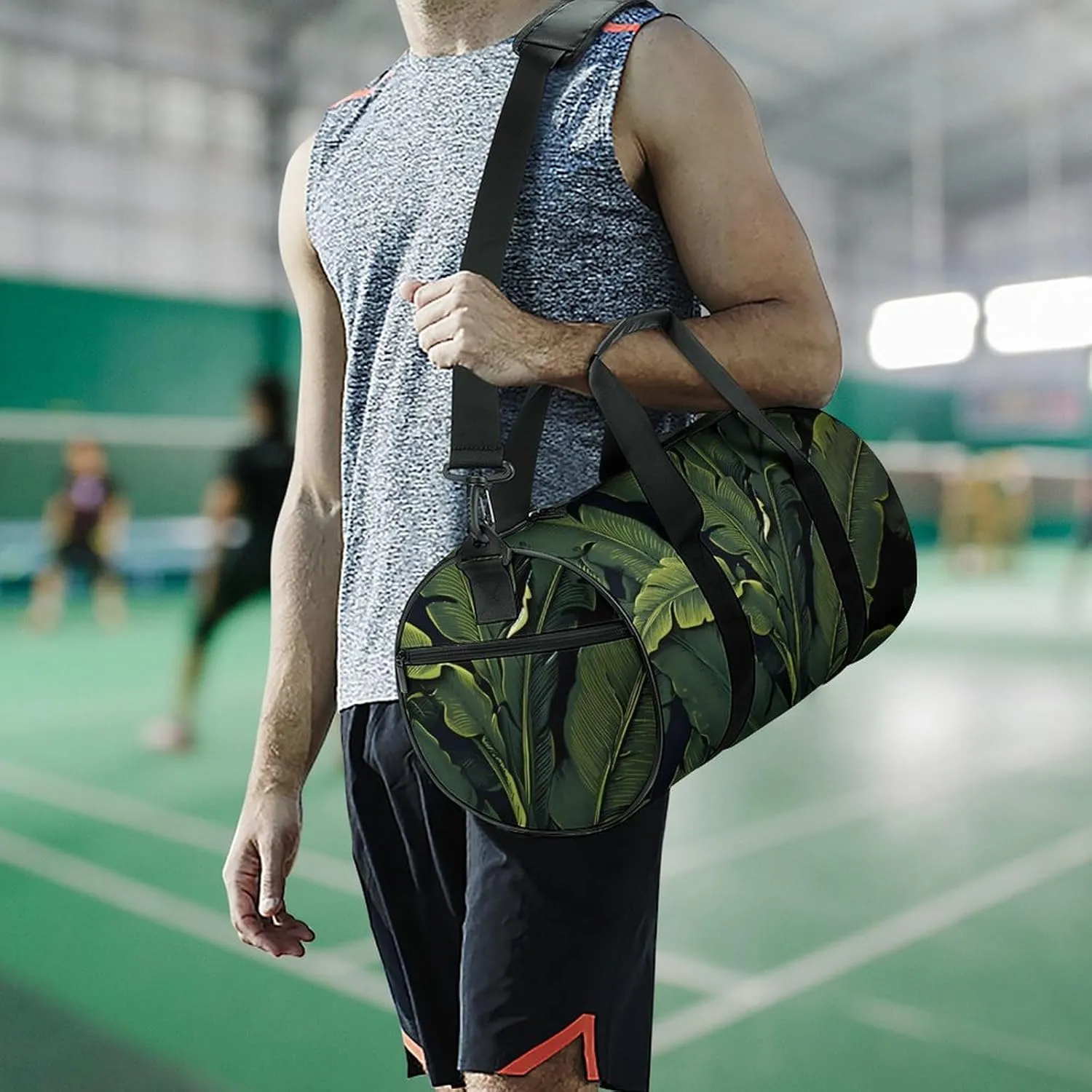 Sports Gym Bag for Women Men Travel Duffel Bag Tote Weekender Bag Banana Leaf Black Carry on Overnight Bag for Travel Swimming Fitness Workout Sports Duffle Bag