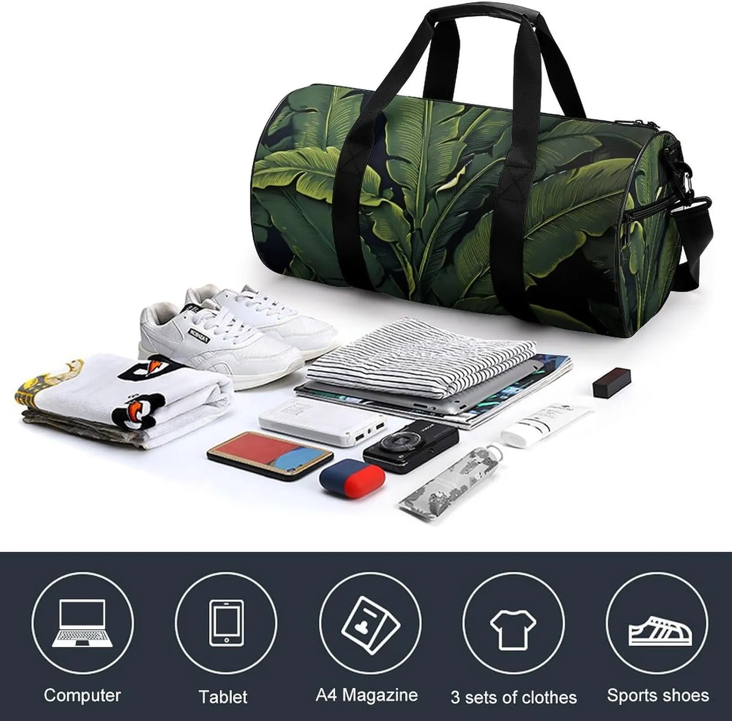 Sports Gym Bag for Women Men Travel Duffel Bag Tote Weekender Bag Banana Leaf Black Carry on Overnight Bag for Travel Swimming Fitness Workout Sports Duffle Bag