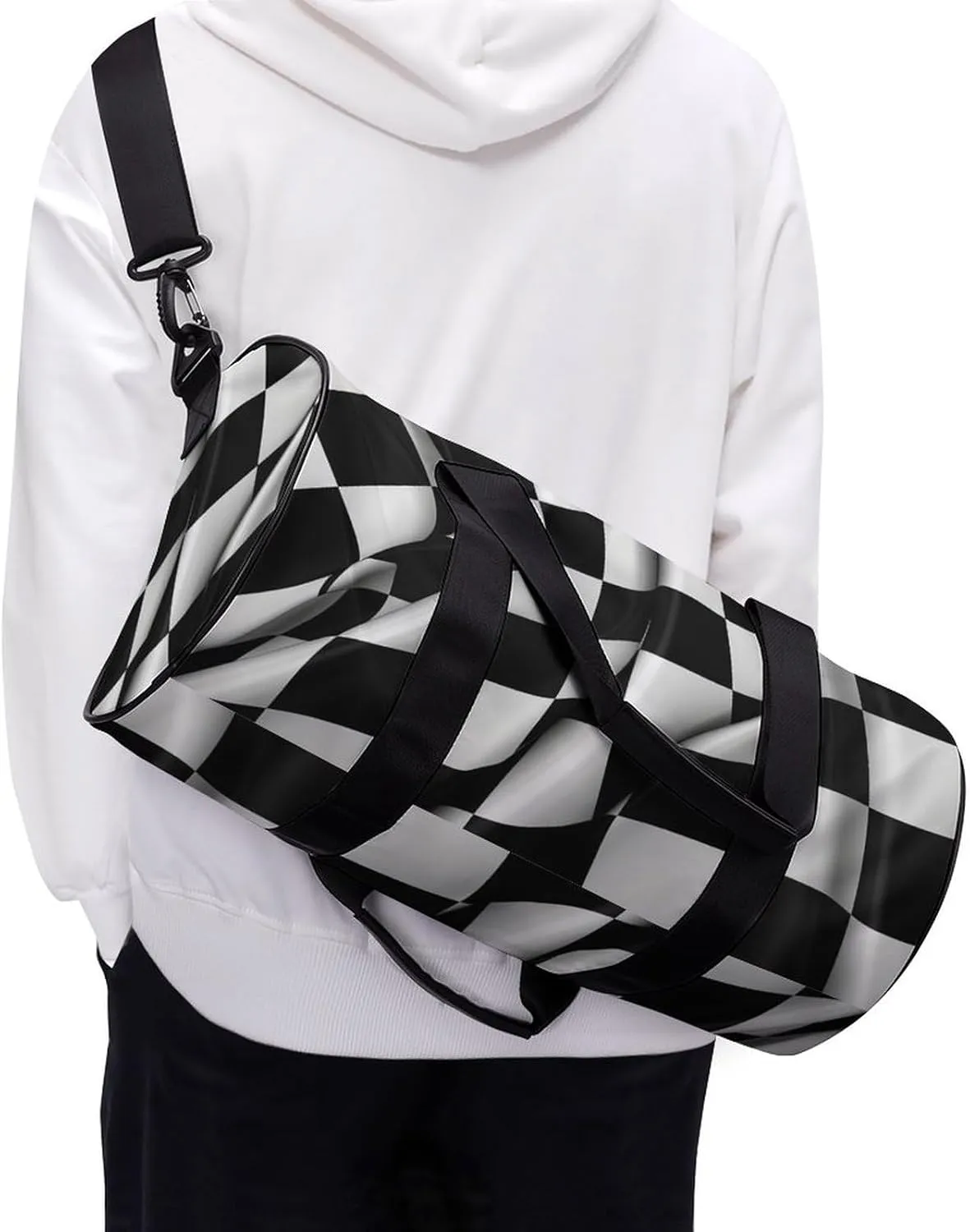 Sports Gym Bag for Women Men Travel Duffel Bag Tote Weekender Bag Black White Checkered Flags Carry on Overnight Bag for Travel Swimming Fitness Workout Sports Duffle Bag