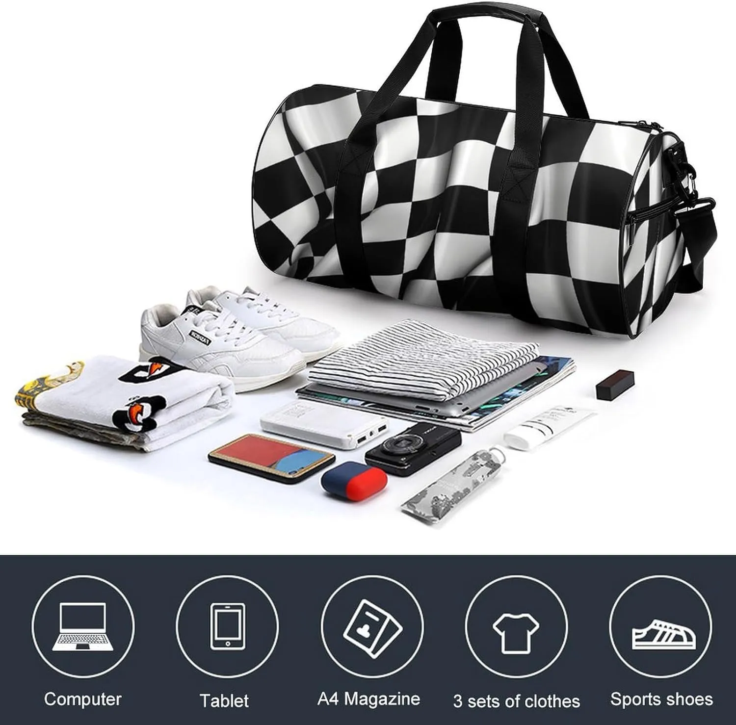 Sports Gym Bag for Women Men Travel Duffel Bag Tote Weekender Bag Black White Checkered Flags Carry on Overnight Bag for Travel Swimming Fitness Workout Sports Duffle Bag
