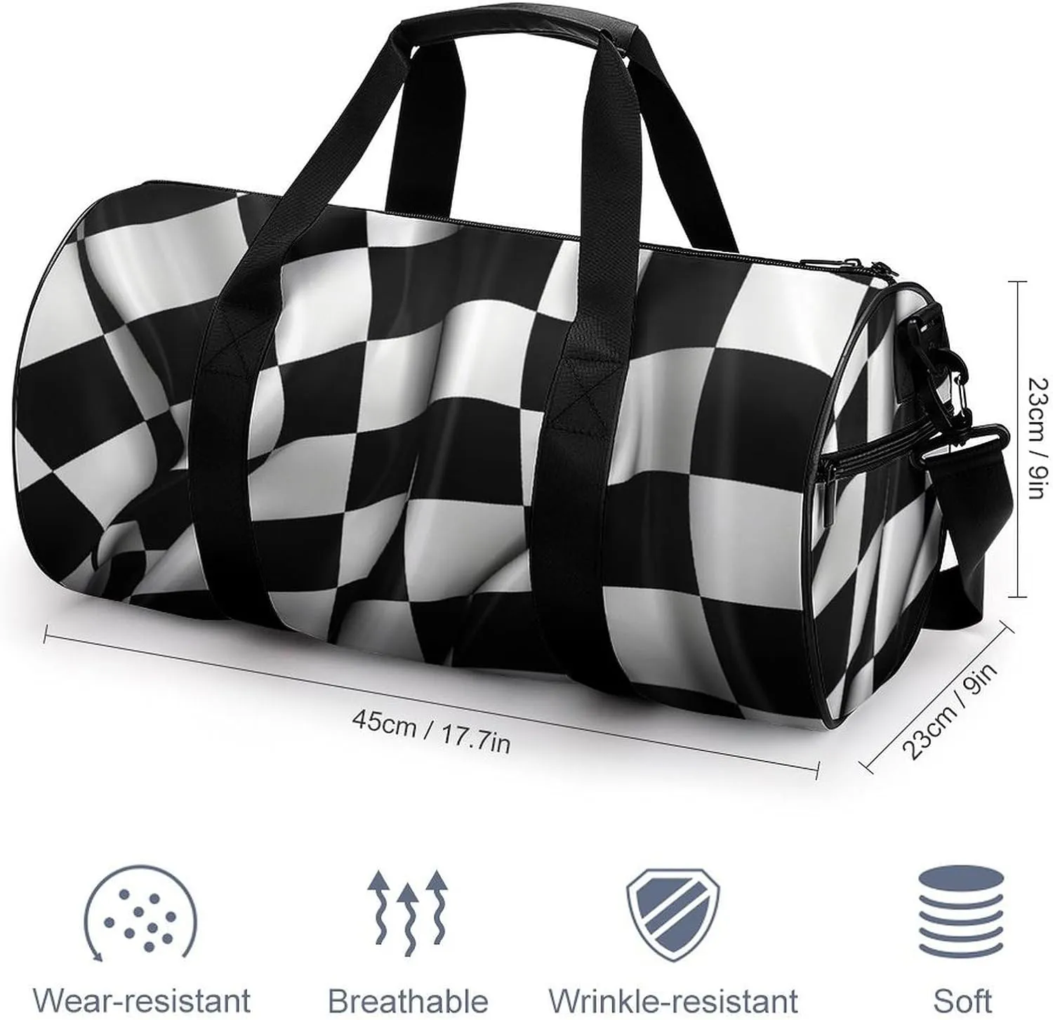 Sports Gym Bag for Women Men Travel Duffel Bag Tote Weekender Bag Black White Checkered Flags Carry on Overnight Bag for Travel Swimming Fitness Workout Sports Duffle Bag