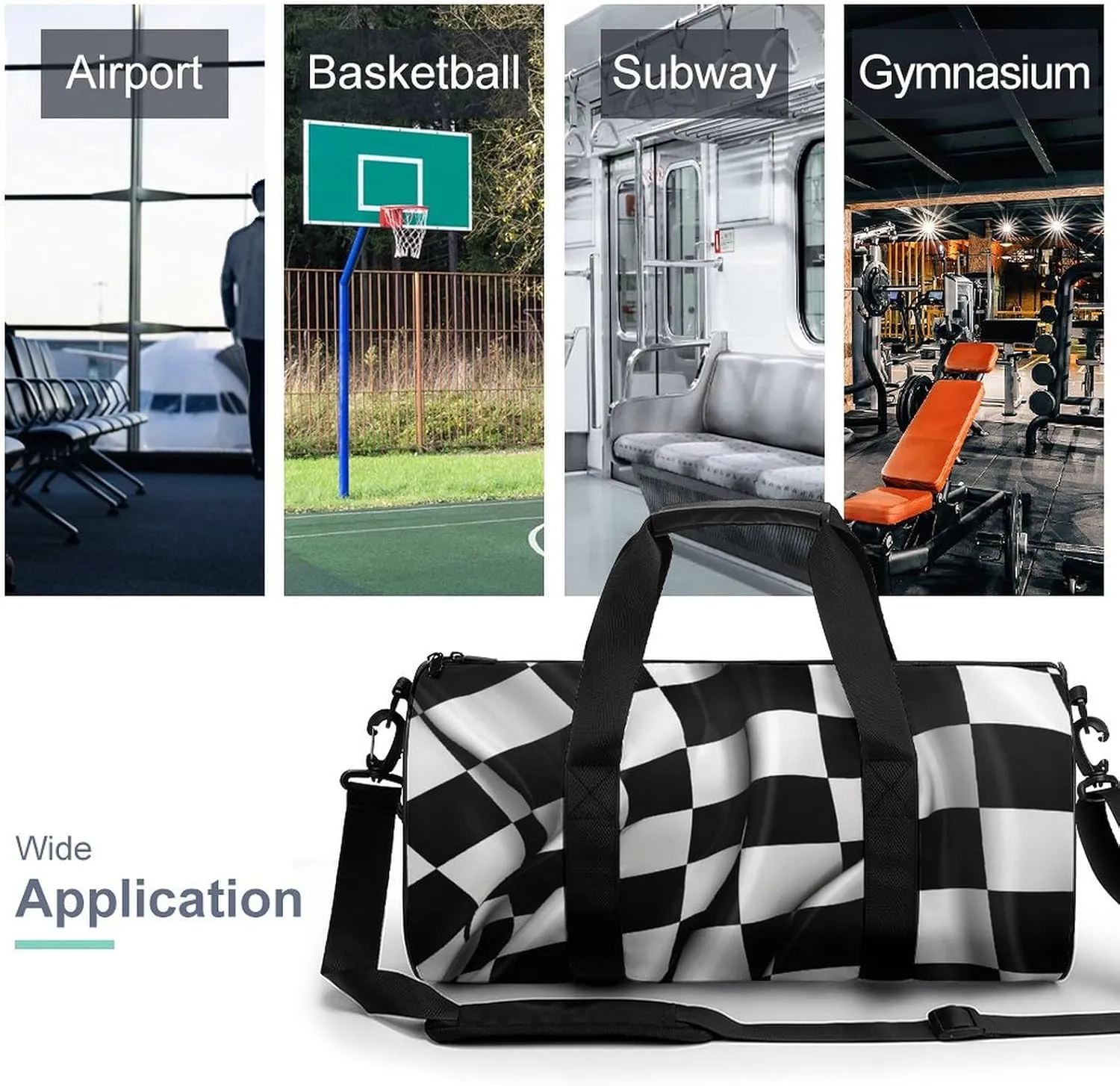 Sports Gym Bag for Women Men Travel Duffel Bag Tote Weekender Bag Black White Checkered Flags Carry on Overnight Bag for Travel Swimming Fitness Workout Sports Duffle Bag