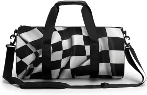 Sports Gym Bag for Women Men Travel Duffel Bag Tote Weekender Bag Black White Checkered Flags Carry on Overnight Bag for Travel Swimming Fitness Workout Sports Duffle Bag