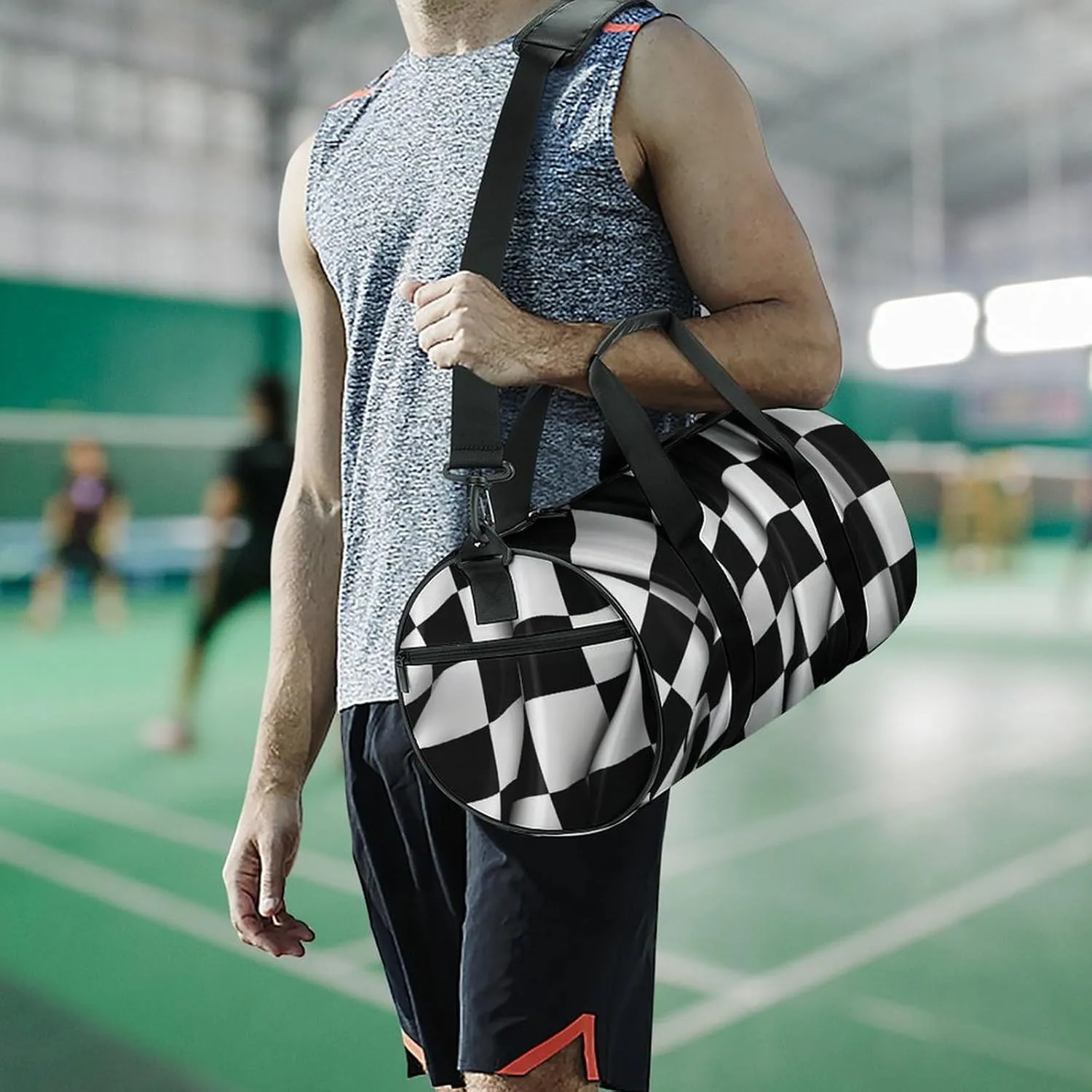 Sports Gym Bag for Women Men Travel Duffel Bag Tote Weekender Bag Black White Checkered Flags Carry on Overnight Bag for Travel Swimming Fitness Workout Sports Duffle Bag
