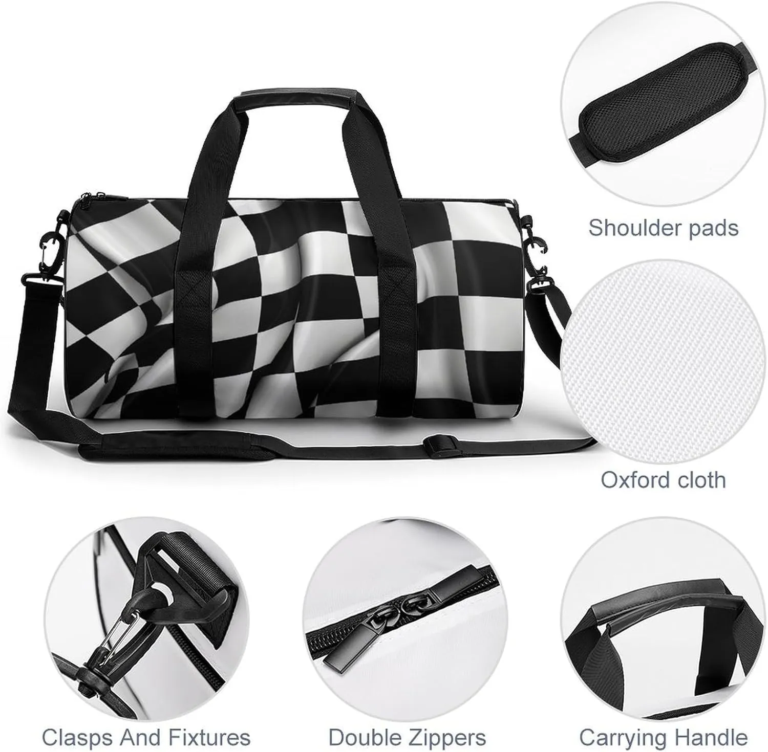 Sports Gym Bag for Women Men Travel Duffel Bag Tote Weekender Bag Black White Checkered Flags Carry on Overnight Bag for Travel Swimming Fitness Workout Sports Duffle Bag