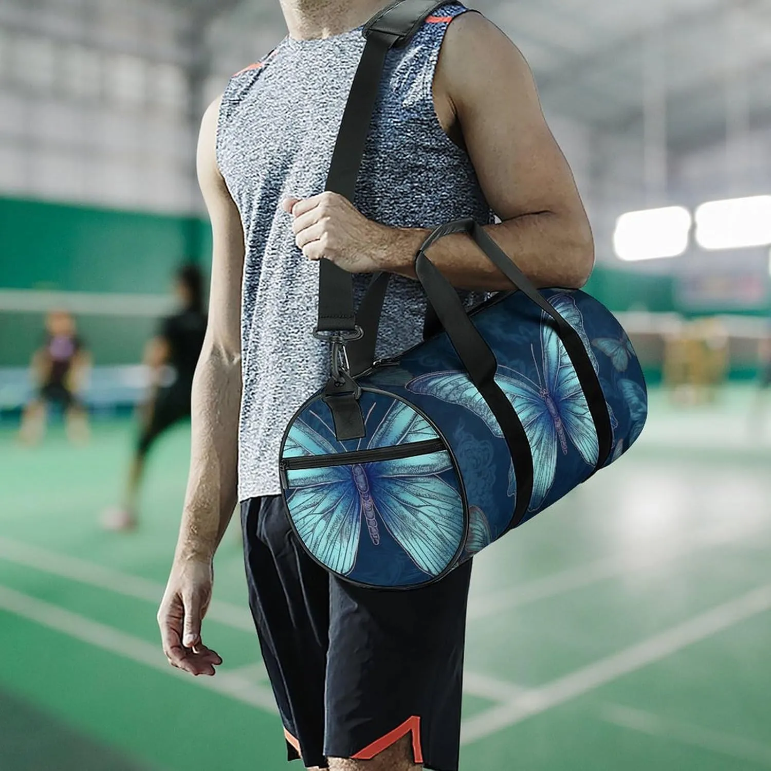 Sports Gym Bag for Women Men Travel Duffel Bag Tote Weekender Bag Blue Butterfly Pattern Carry on Overnight Bag for Travel Swimming Fitness Workout Sports Duffle Bag
