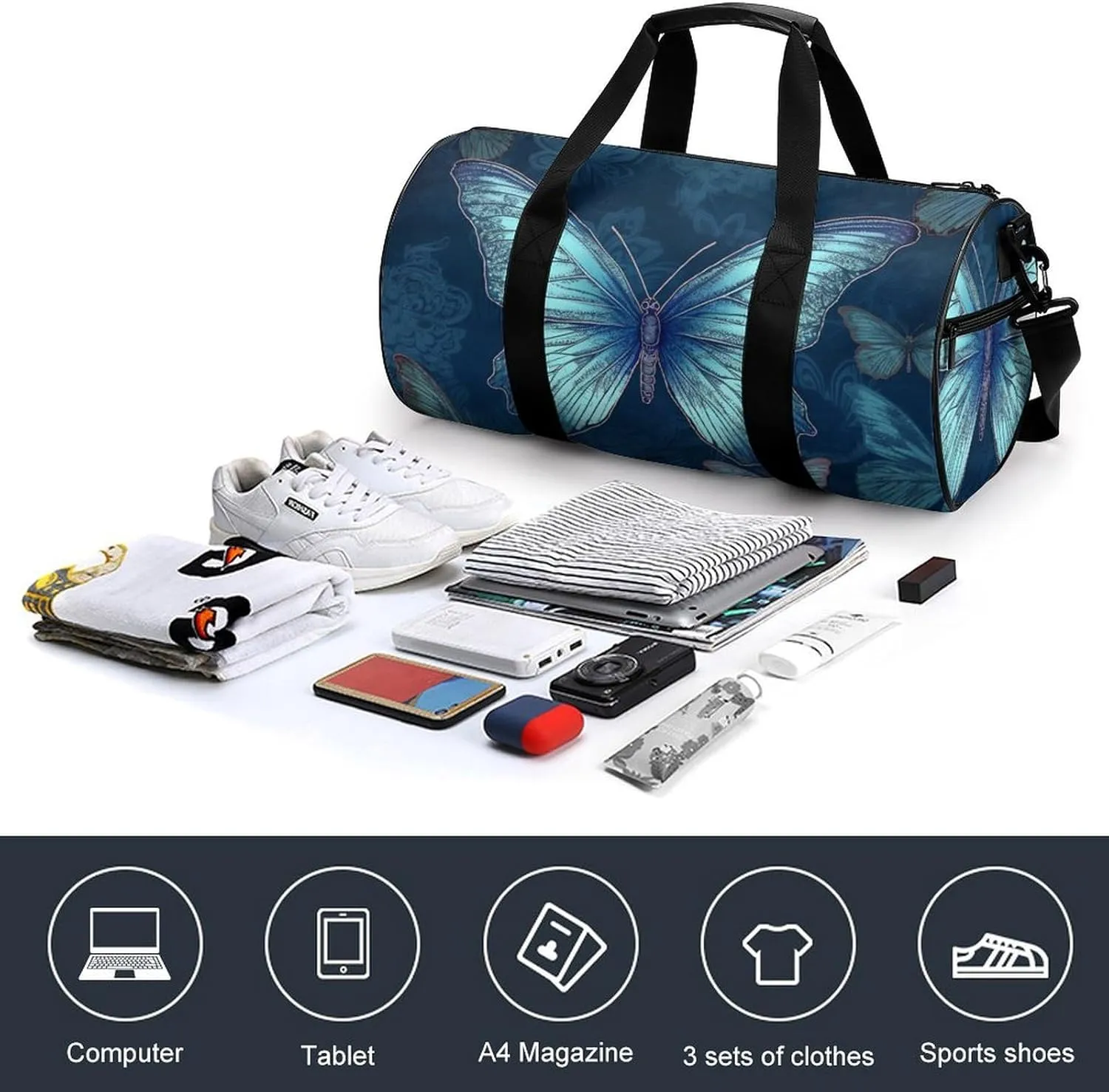 Sports Gym Bag for Women Men Travel Duffel Bag Tote Weekender Bag Blue Butterfly Pattern Carry on Overnight Bag for Travel Swimming Fitness Workout Sports Duffle Bag