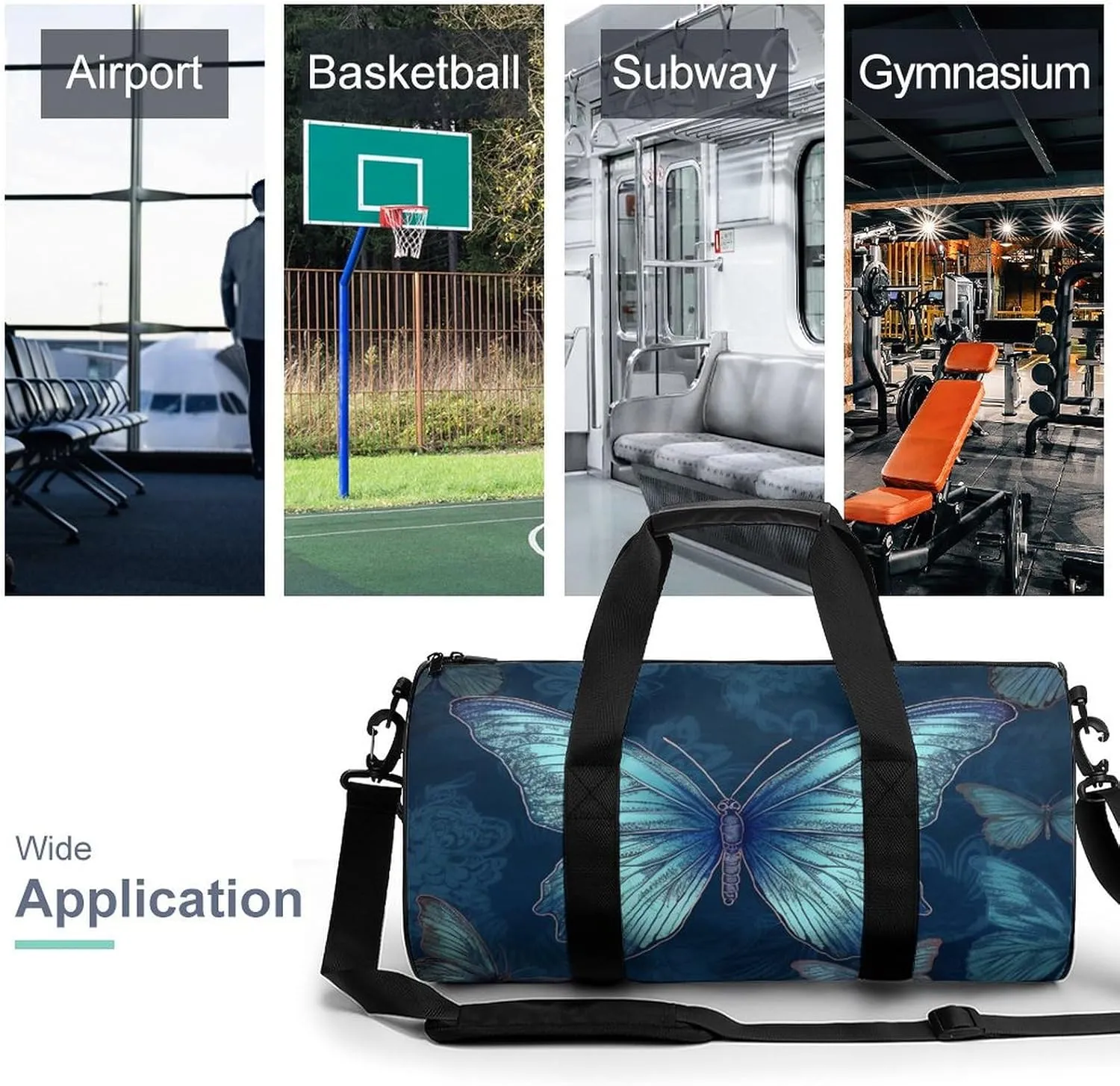 Sports Gym Bag for Women Men Travel Duffel Bag Tote Weekender Bag Blue Butterfly Pattern Carry on Overnight Bag for Travel Swimming Fitness Workout Sports Duffle Bag