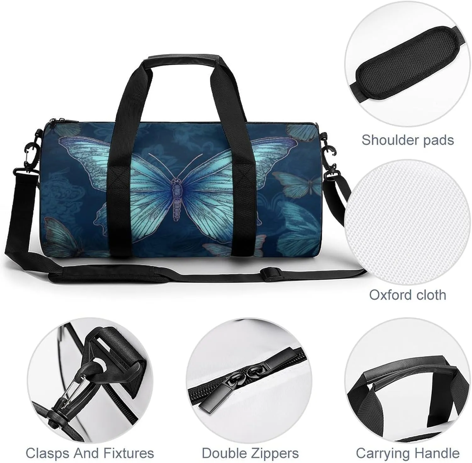 Sports Gym Bag for Women Men Travel Duffel Bag Tote Weekender Bag Blue Butterfly Pattern Carry on Overnight Bag for Travel Swimming Fitness Workout Sports Duffle Bag