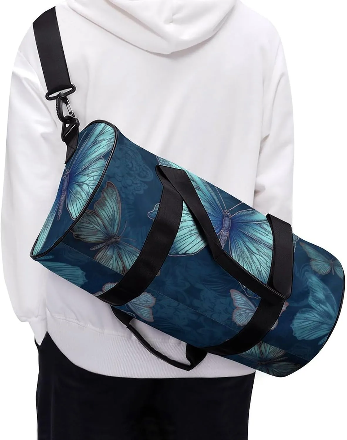 Sports Gym Bag for Women Men Travel Duffel Bag Tote Weekender Bag Blue Butterfly Pattern Carry on Overnight Bag for Travel Swimming Fitness Workout Sports Duffle Bag