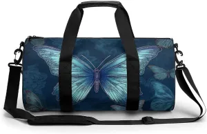 Sports Gym Bag for Women Men Travel Duffel Bag Tote Weekender Bag Blue Butterfly Pattern Carry on Overnight Bag for Travel Swimming Fitness Workout Sports Duffle Bag