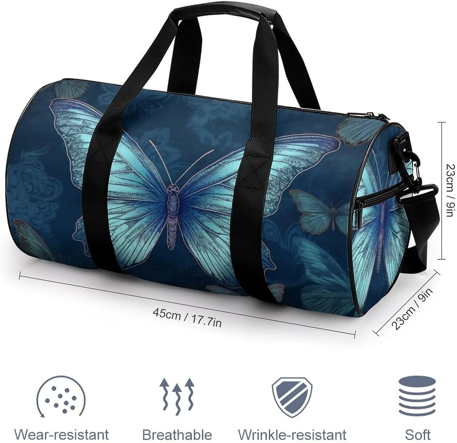 Sports Gym Bag for Women Men Travel Duffel Bag Tote Weekender Bag Blue Butterfly Pattern Carry on Overnight Bag for Travel Swimming Fitness Workout Sports Duffle Bag