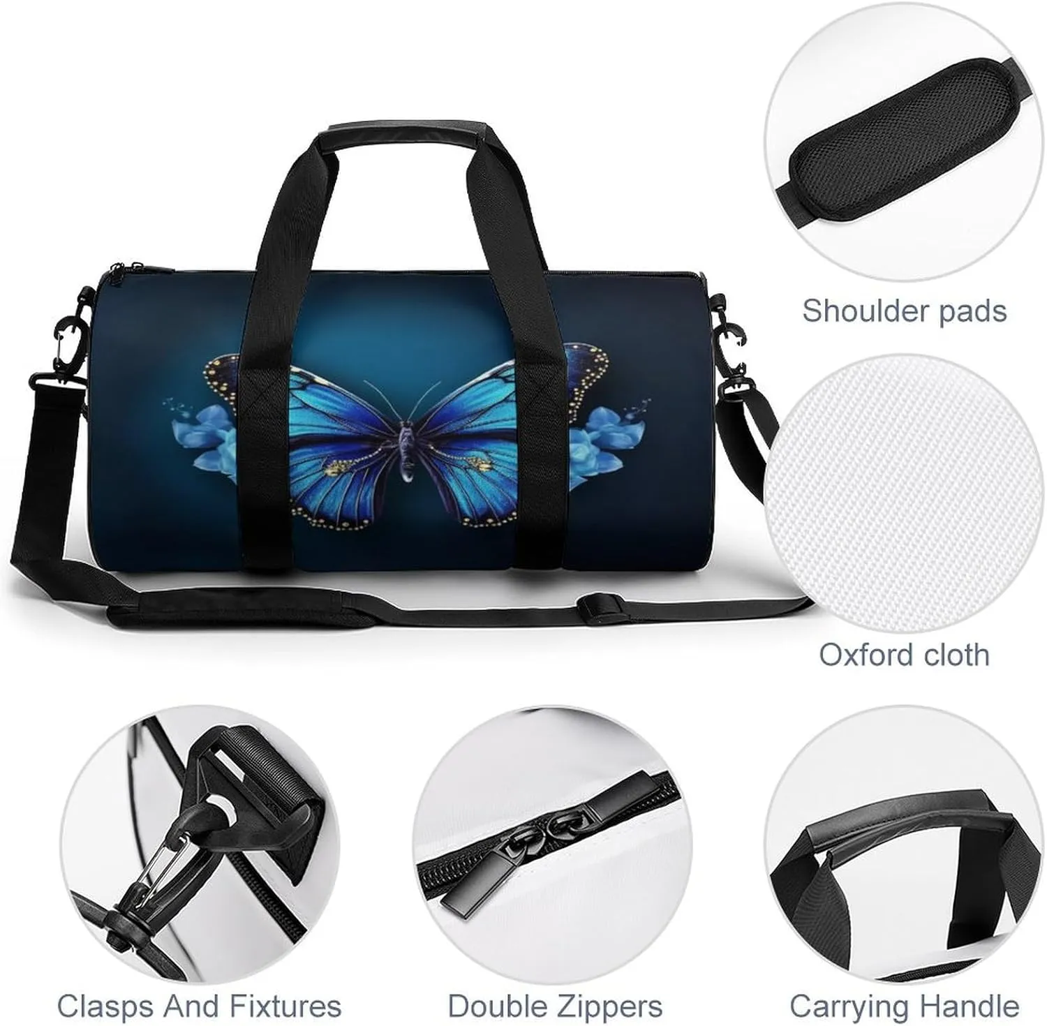 Sports Gym Bag for Women Men Travel Duffel Bag Tote Weekender Bag Blue Butterfy Carry on Overnight Bag for Travel Swimming Fitness Workout Sports Duffle Bag