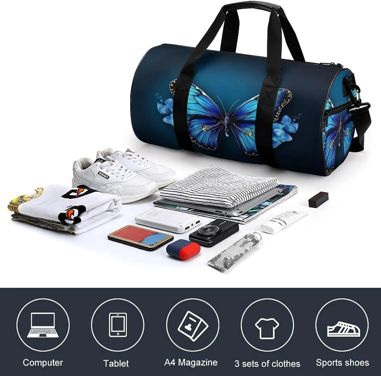 Sports Gym Bag for Women Men Travel Duffel Bag Tote Weekender Bag Blue Butterfy Carry on Overnight Bag for Travel Swimming Fitness Workout Sports Duffle Bag