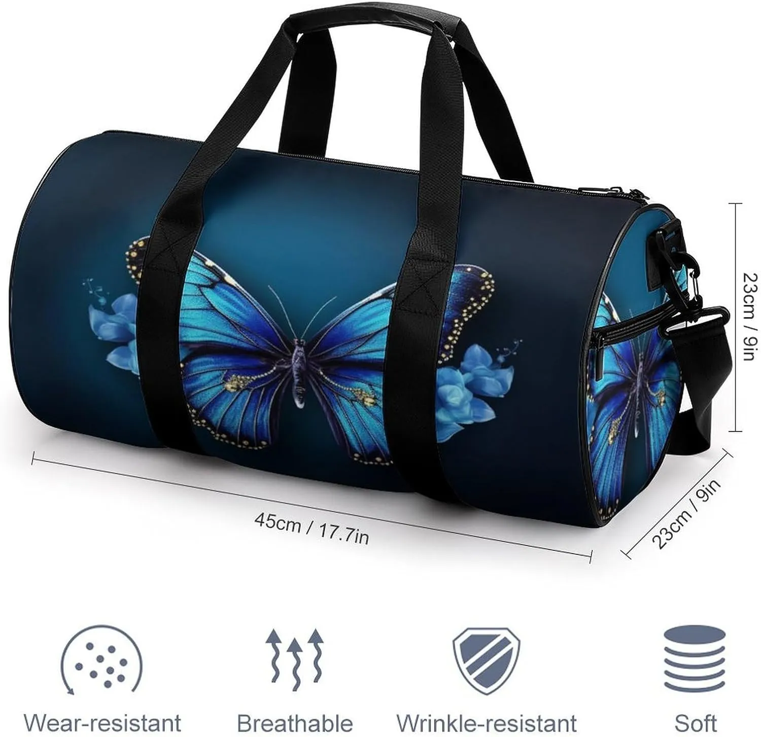 Sports Gym Bag for Women Men Travel Duffel Bag Tote Weekender Bag Blue Butterfy Carry on Overnight Bag for Travel Swimming Fitness Workout Sports Duffle Bag