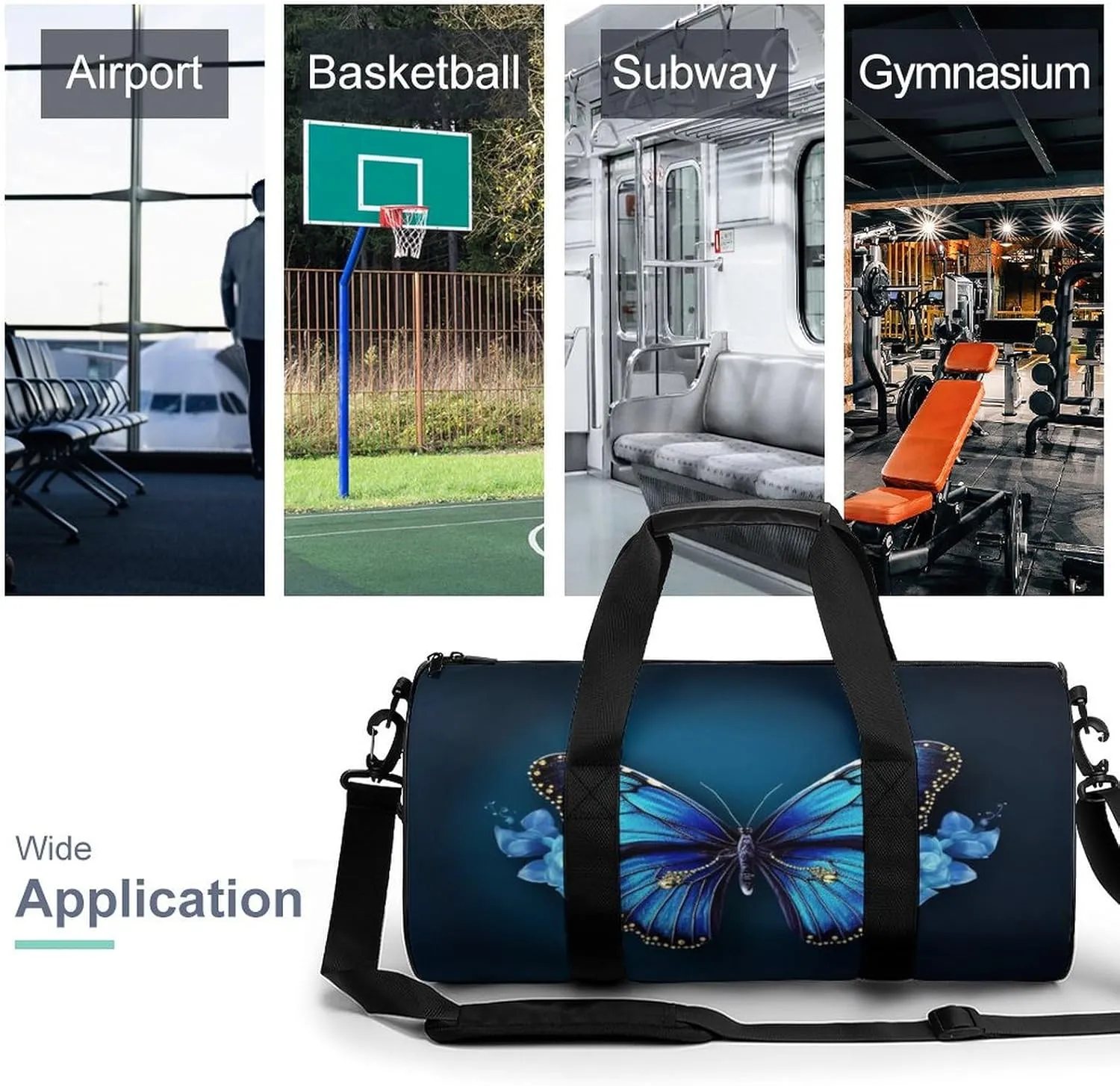 Sports Gym Bag for Women Men Travel Duffel Bag Tote Weekender Bag Blue Butterfy Carry on Overnight Bag for Travel Swimming Fitness Workout Sports Duffle Bag