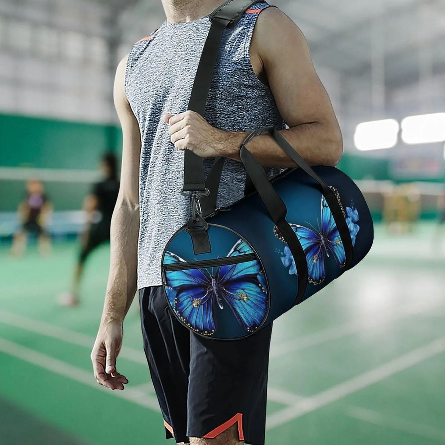 Sports Gym Bag for Women Men Travel Duffel Bag Tote Weekender Bag Blue Butterfy Carry on Overnight Bag for Travel Swimming Fitness Workout Sports Duffle Bag