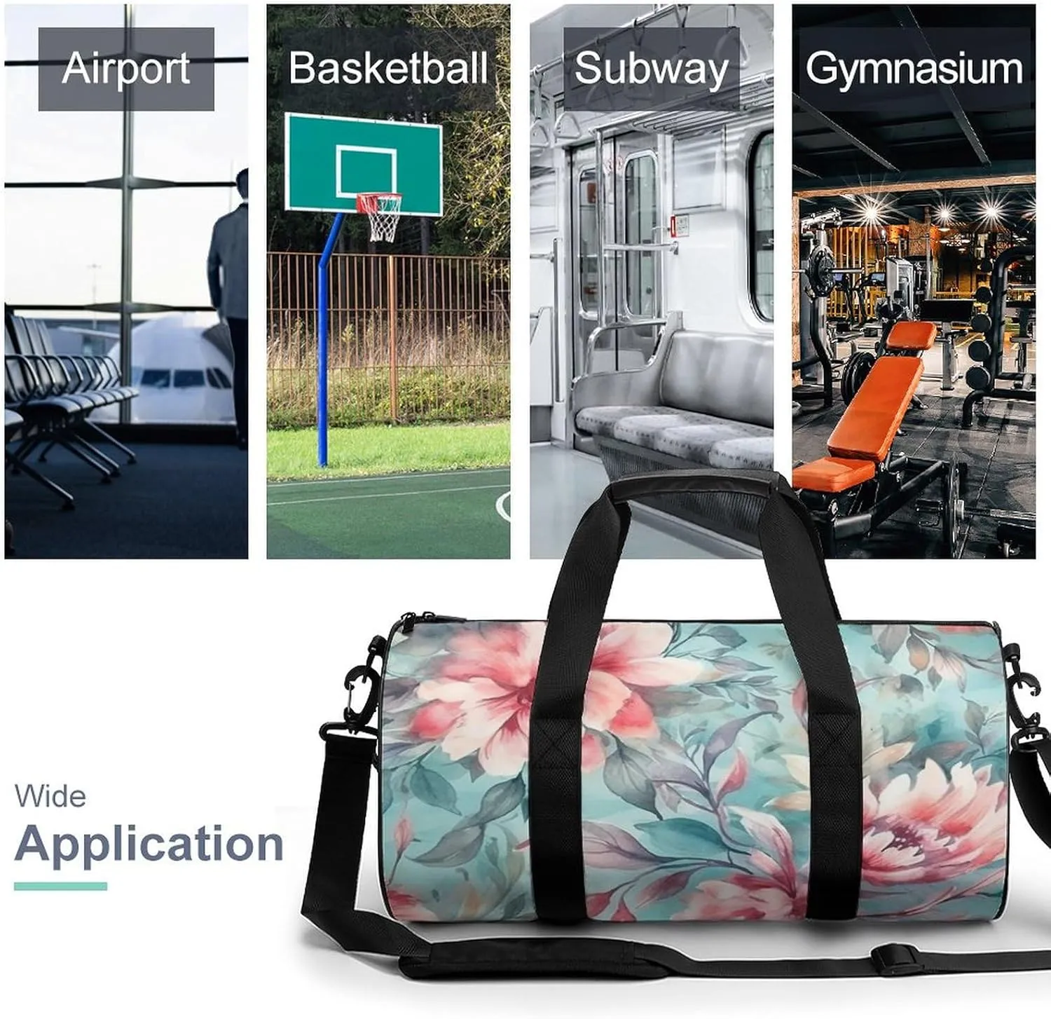 Sports Gym Bag for Women Men Travel Duffel Bag Tote Weekender Bag Blue Tones Flowers Carry on Overnight Bag for Travel Swimming Fitness Workout Sports Duffle Bag