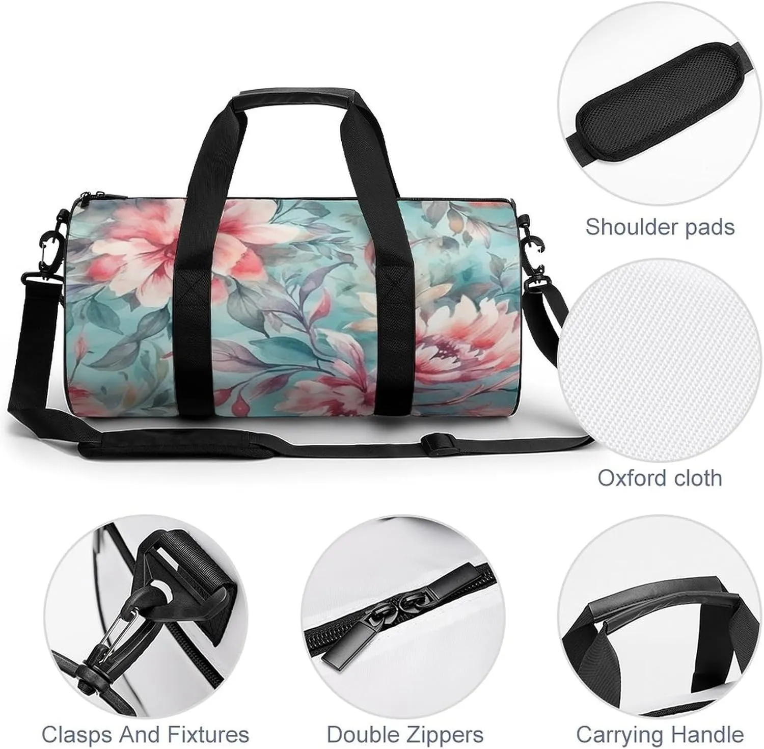 Sports Gym Bag for Women Men Travel Duffel Bag Tote Weekender Bag Blue Tones Flowers Carry on Overnight Bag for Travel Swimming Fitness Workout Sports Duffle Bag