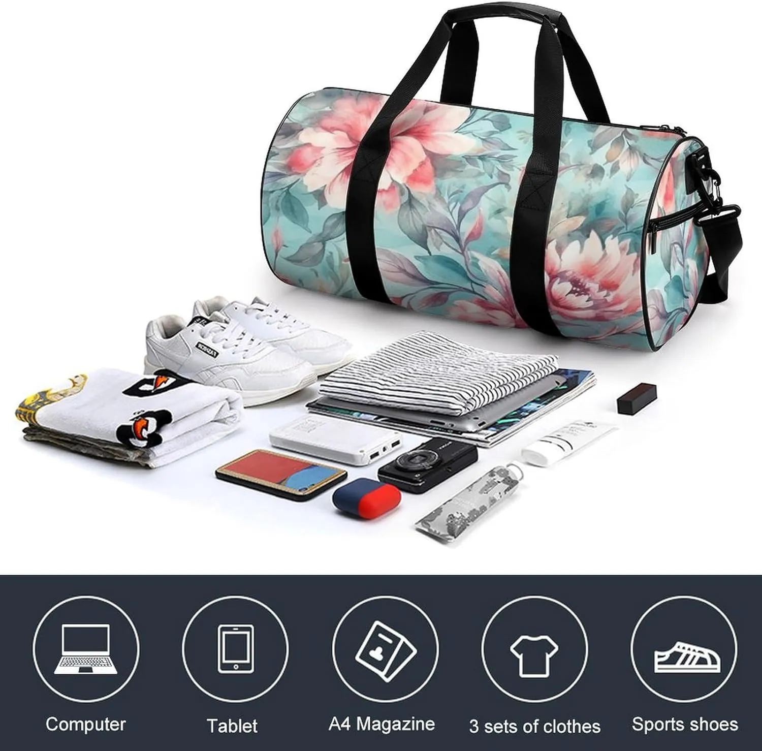 Sports Gym Bag for Women Men Travel Duffel Bag Tote Weekender Bag Blue Tones Flowers Carry on Overnight Bag for Travel Swimming Fitness Workout Sports Duffle Bag