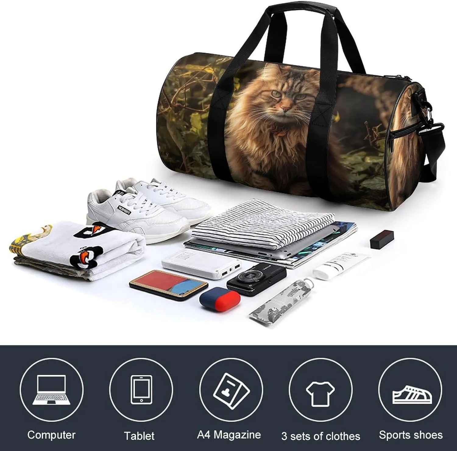 Sports Gym Bag for Women Men Travel Duffel Bag Tote Weekender Bag Cat Sitting in Bush Carry on Overnight Bag for Travel Swimming Fitness Workout Sports Duffle Bag