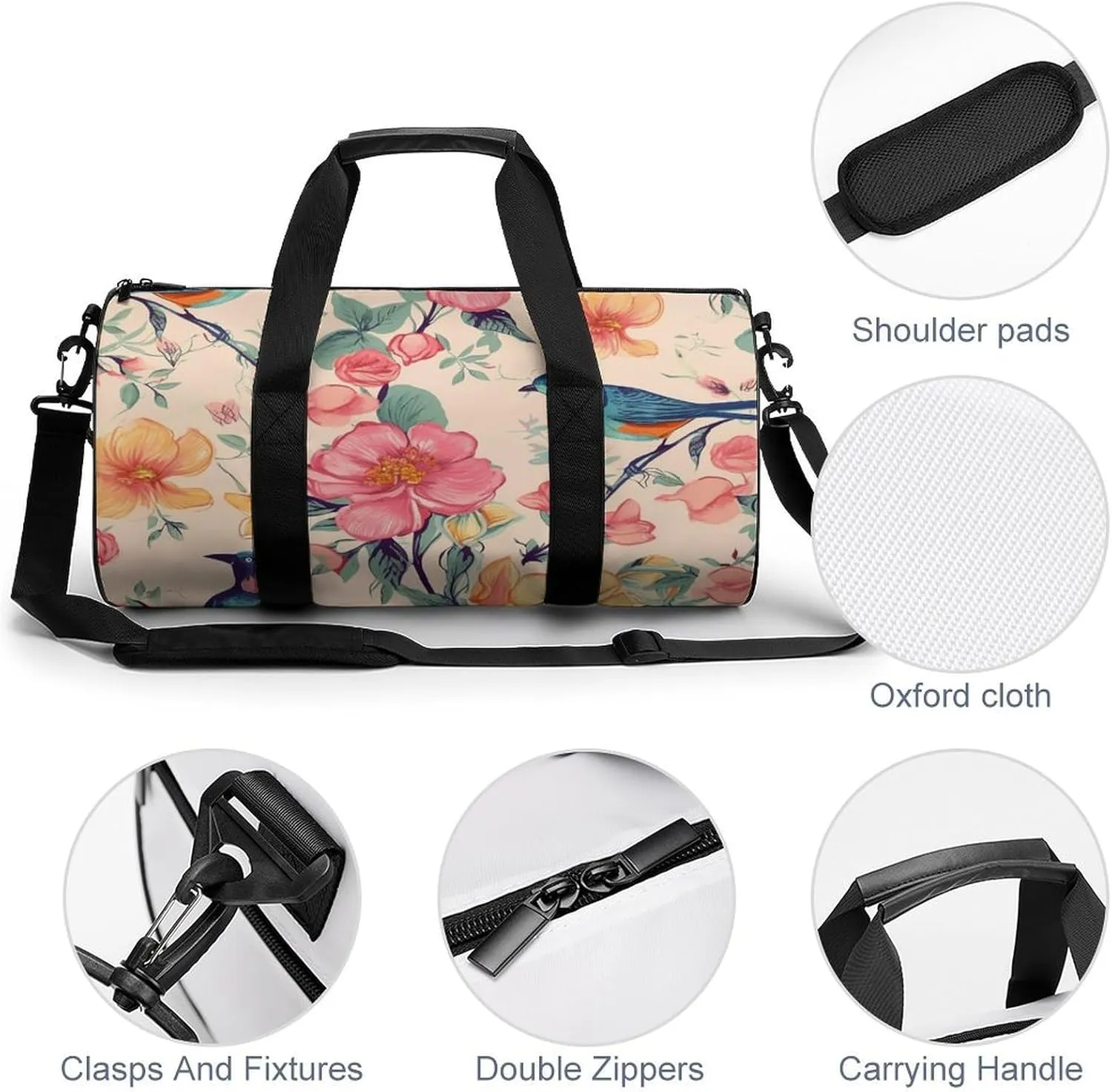 Sports Gym Bag for Women Men Travel Duffel Bag Tote Weekender Bag Flower Birds Carry on Overnight Bag for Travel Swimming Fitness Workout Sports Duffle Bag