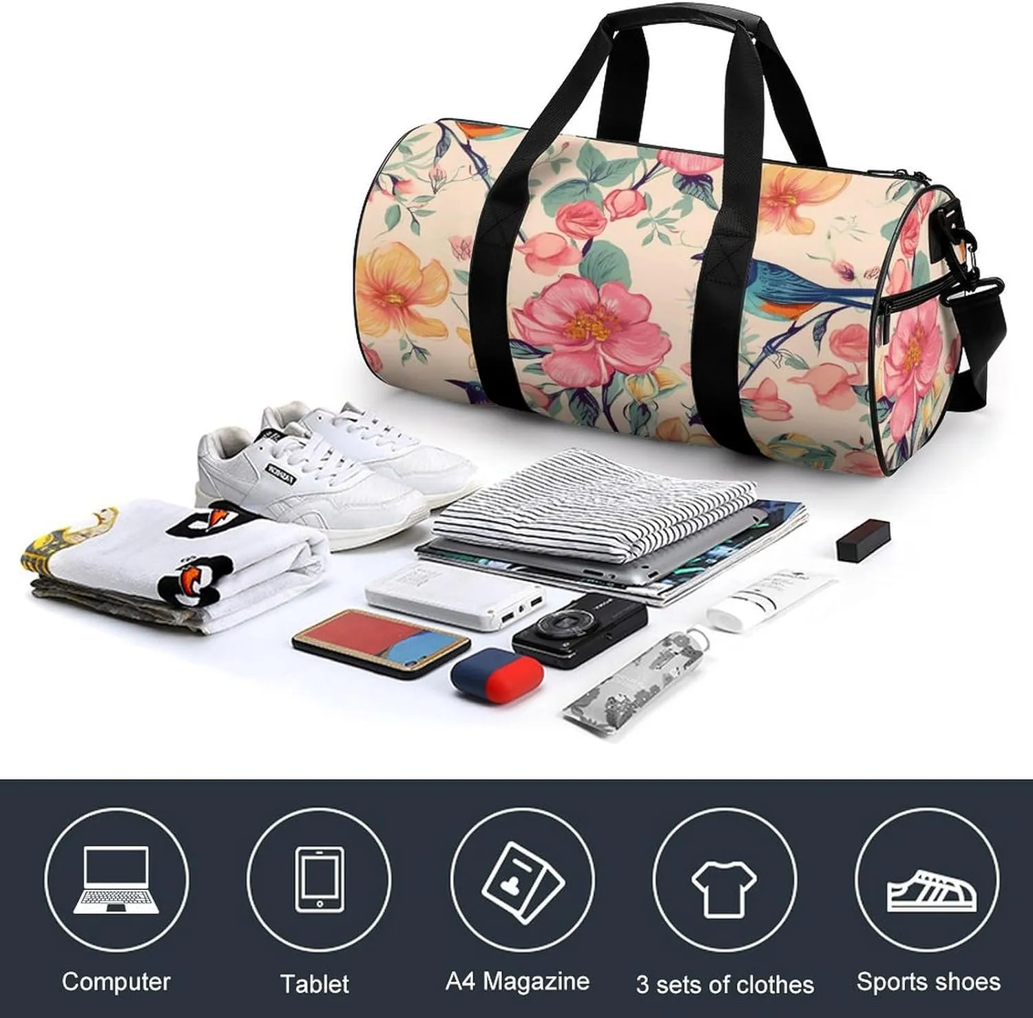 Sports Gym Bag for Women Men Travel Duffel Bag Tote Weekender Bag Flower Birds Carry on Overnight Bag for Travel Swimming Fitness Workout Sports Duffle Bag
