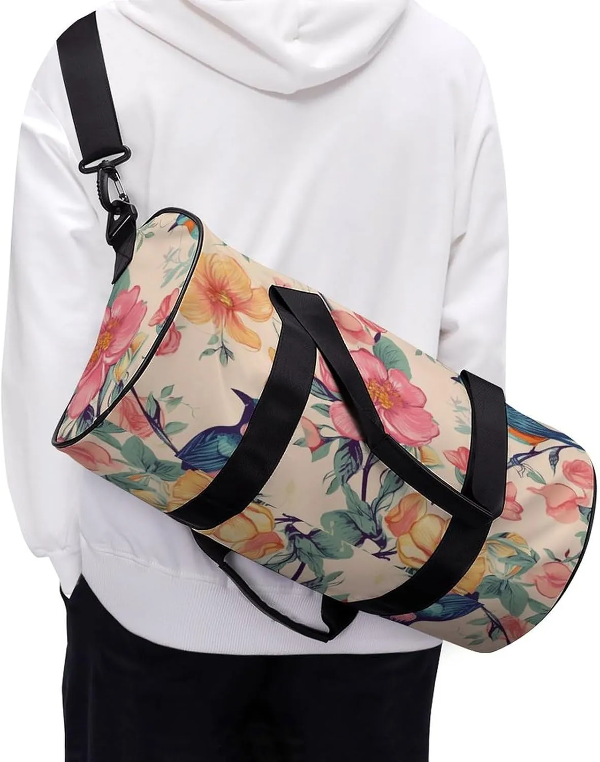 Sports Gym Bag for Women Men Travel Duffel Bag Tote Weekender Bag Flower Birds Carry on Overnight Bag for Travel Swimming Fitness Workout Sports Duffle Bag